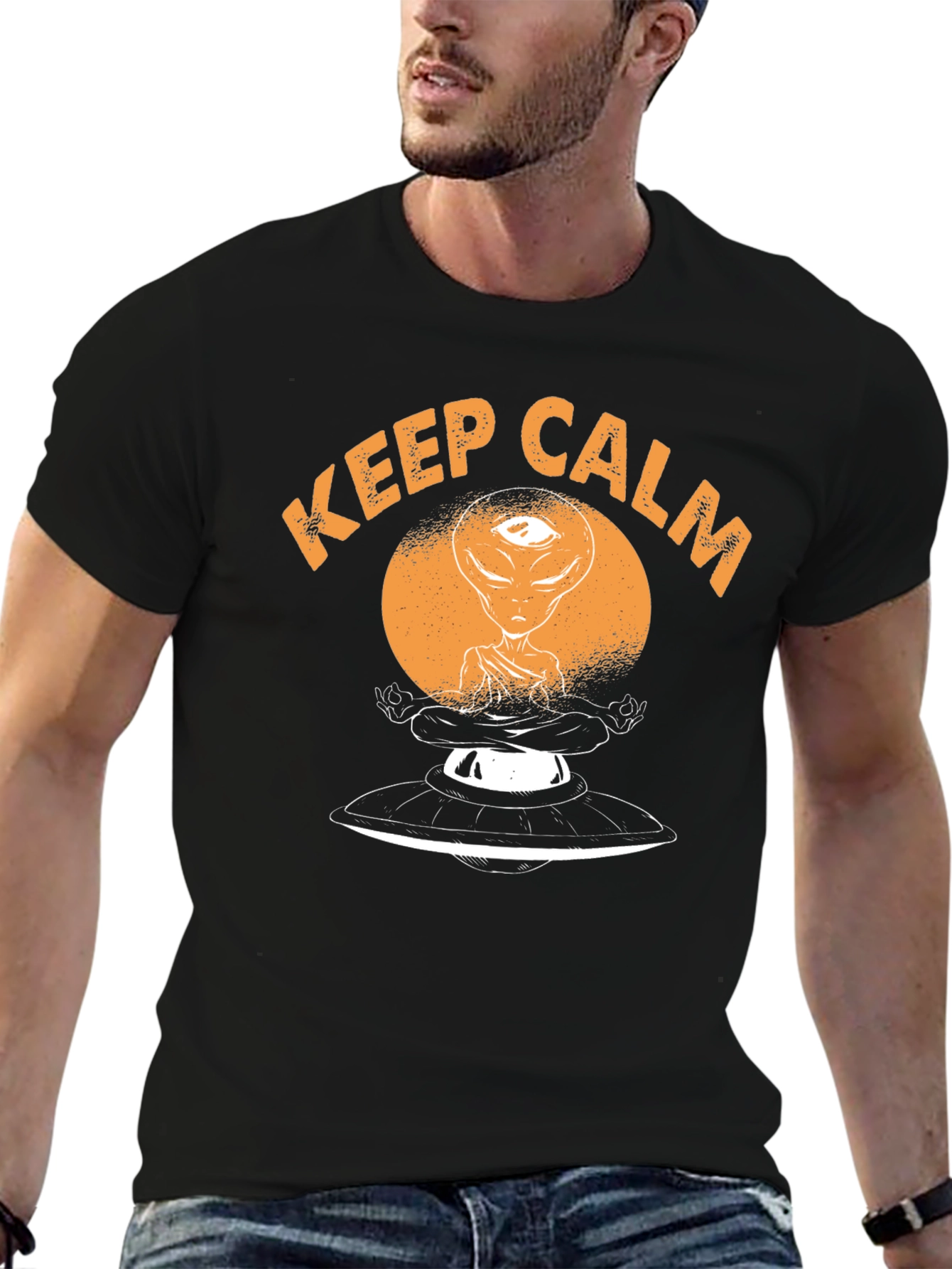Keep Calm Alien Meditation UFO Black T-Shirt