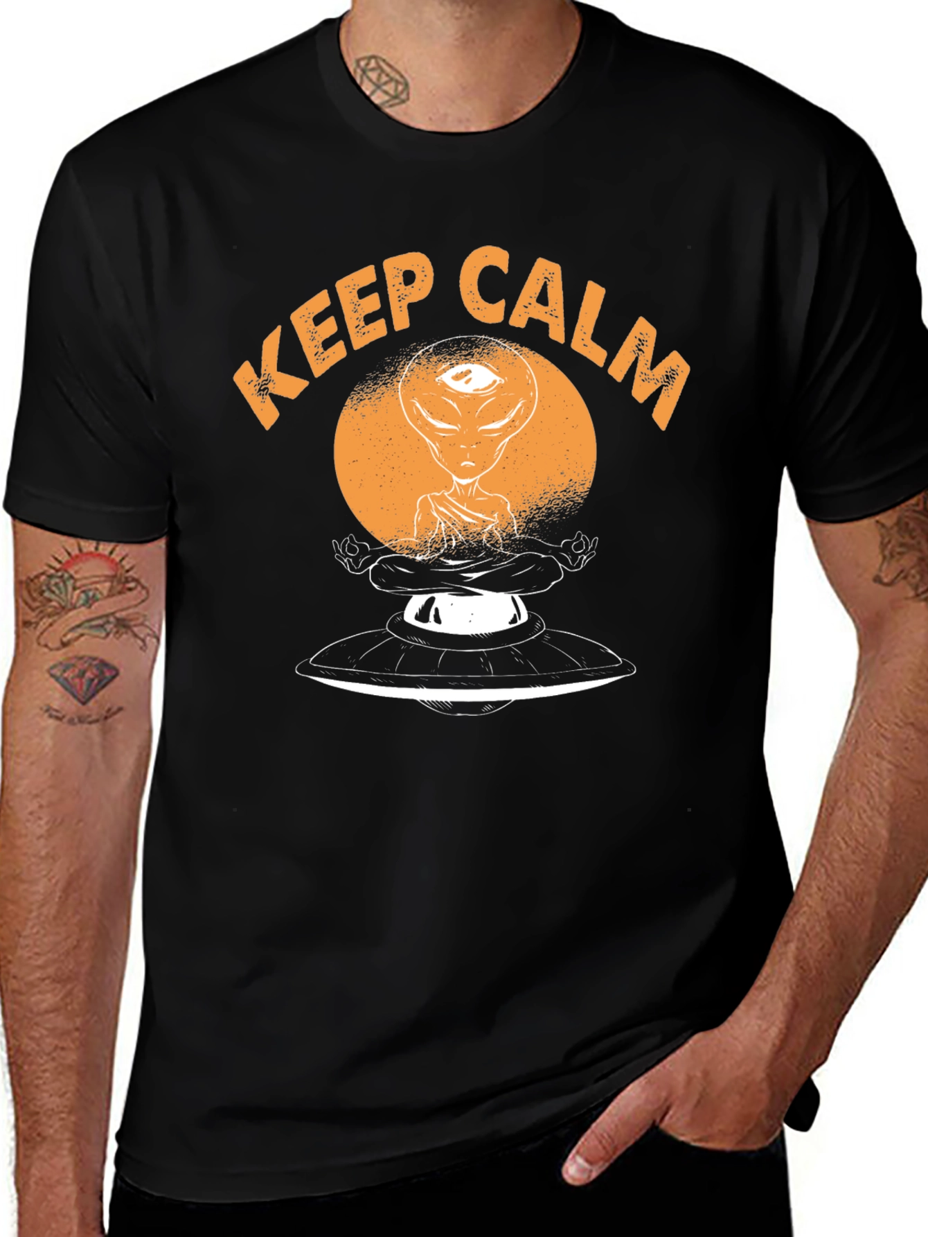 Keep Calm Alien Meditation UFO Black T-Shirt