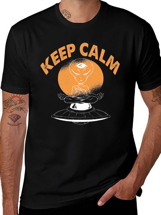 Keep Calm Alien Meditation UFO Black T-Shirt