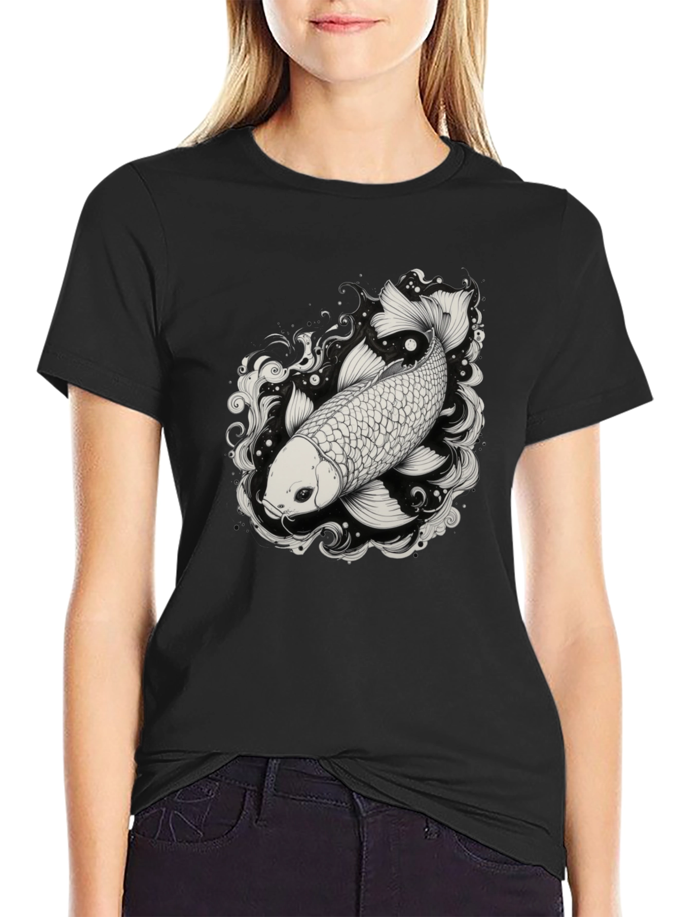 Koi Fish Graphic Tee - Black Cotton Blend Shirt