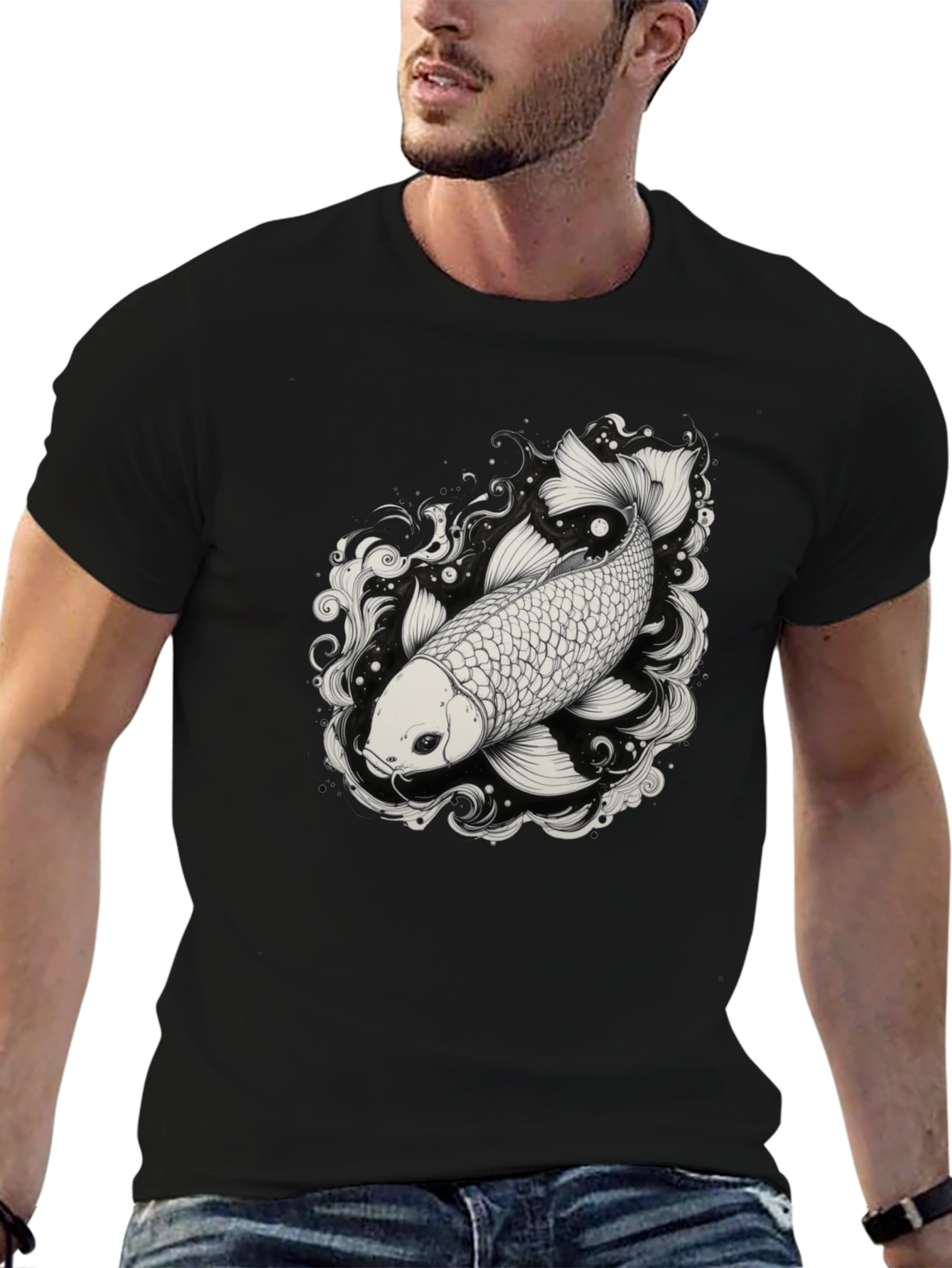 Koi Fish Graphic Tee - Black Cotton Blend Shirt