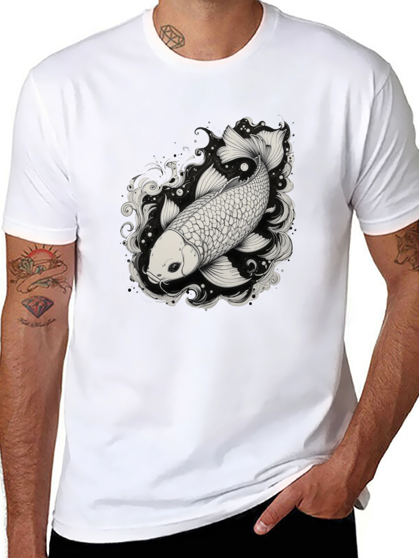 Koi Fish Graphic Tee - Black Cotton Blend Shirt