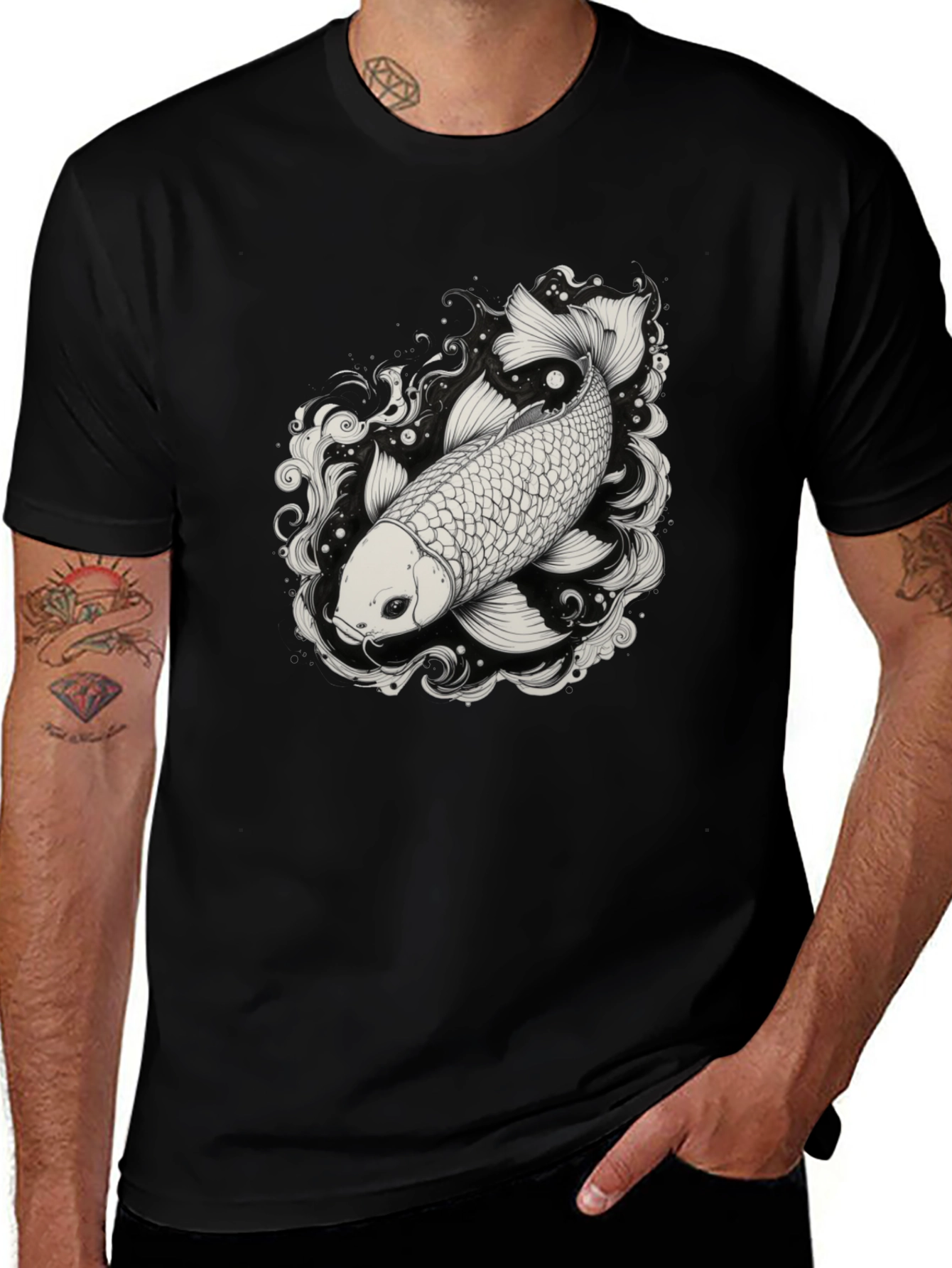 Koi Fish Graphic Tee - Black Cotton Blend Shirt