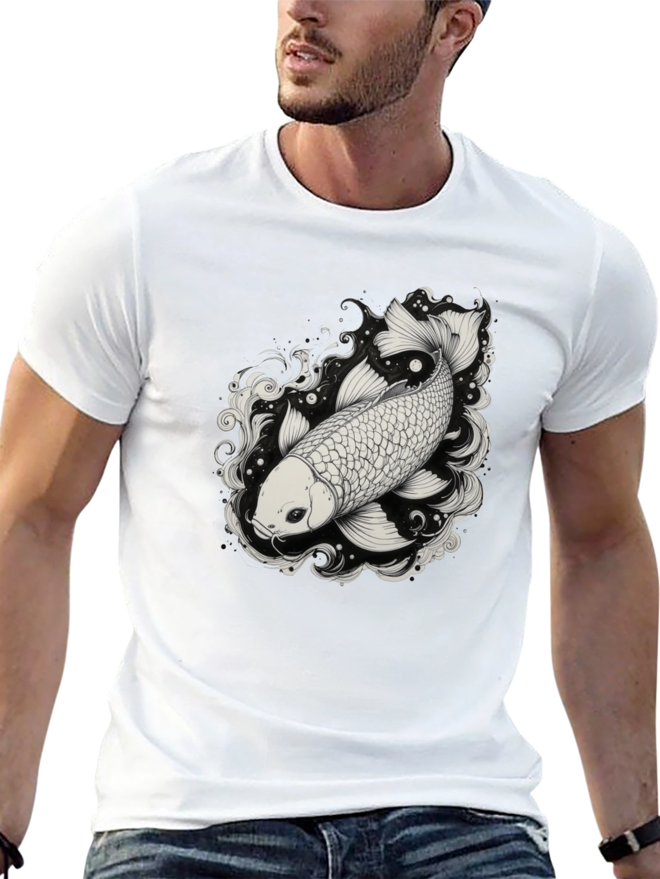 Koi Fish Graphic Tee - Black Cotton Blend Shirt