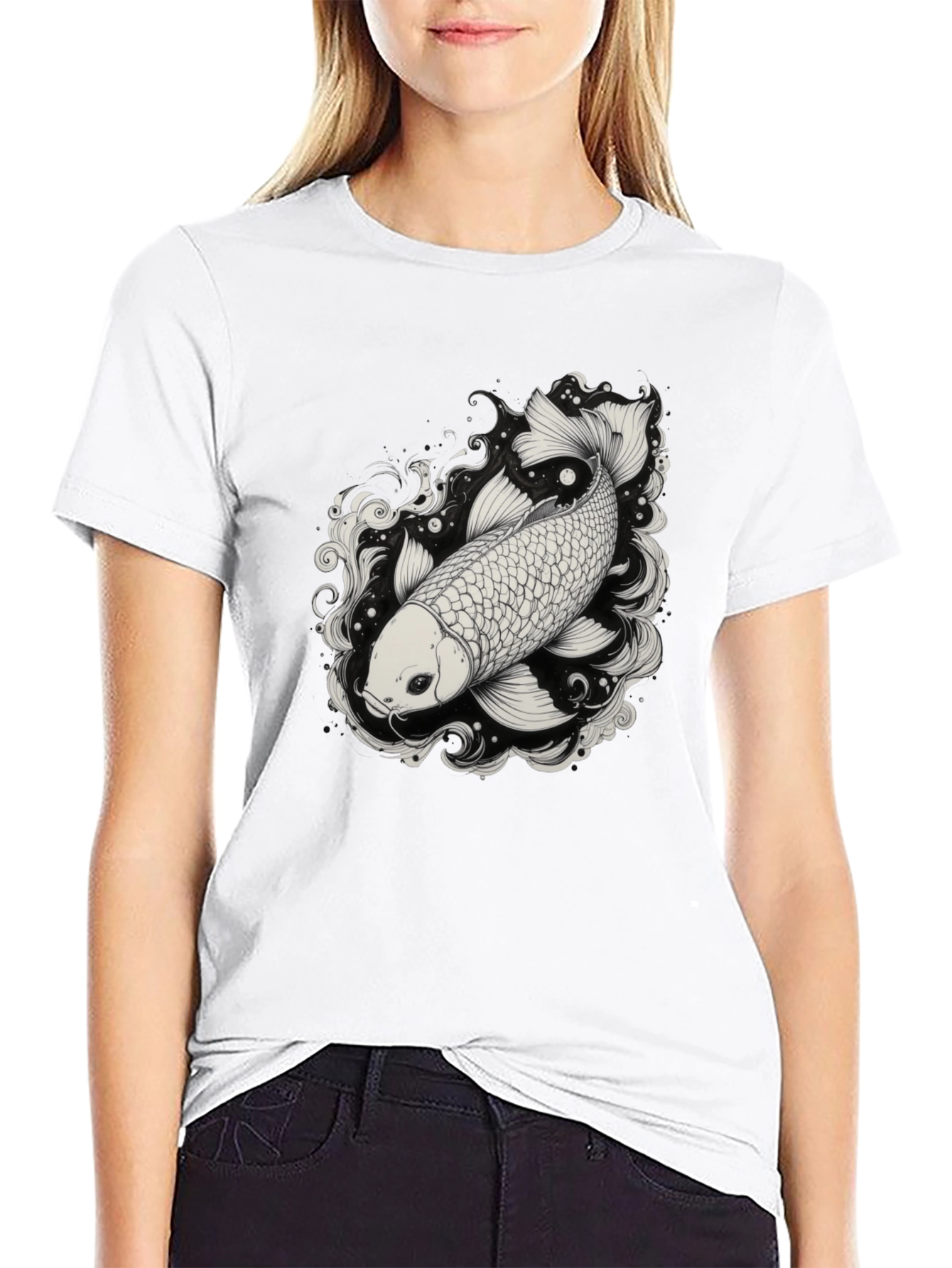 Koi Fish Graphic Tee - Black Cotton Blend Shirt