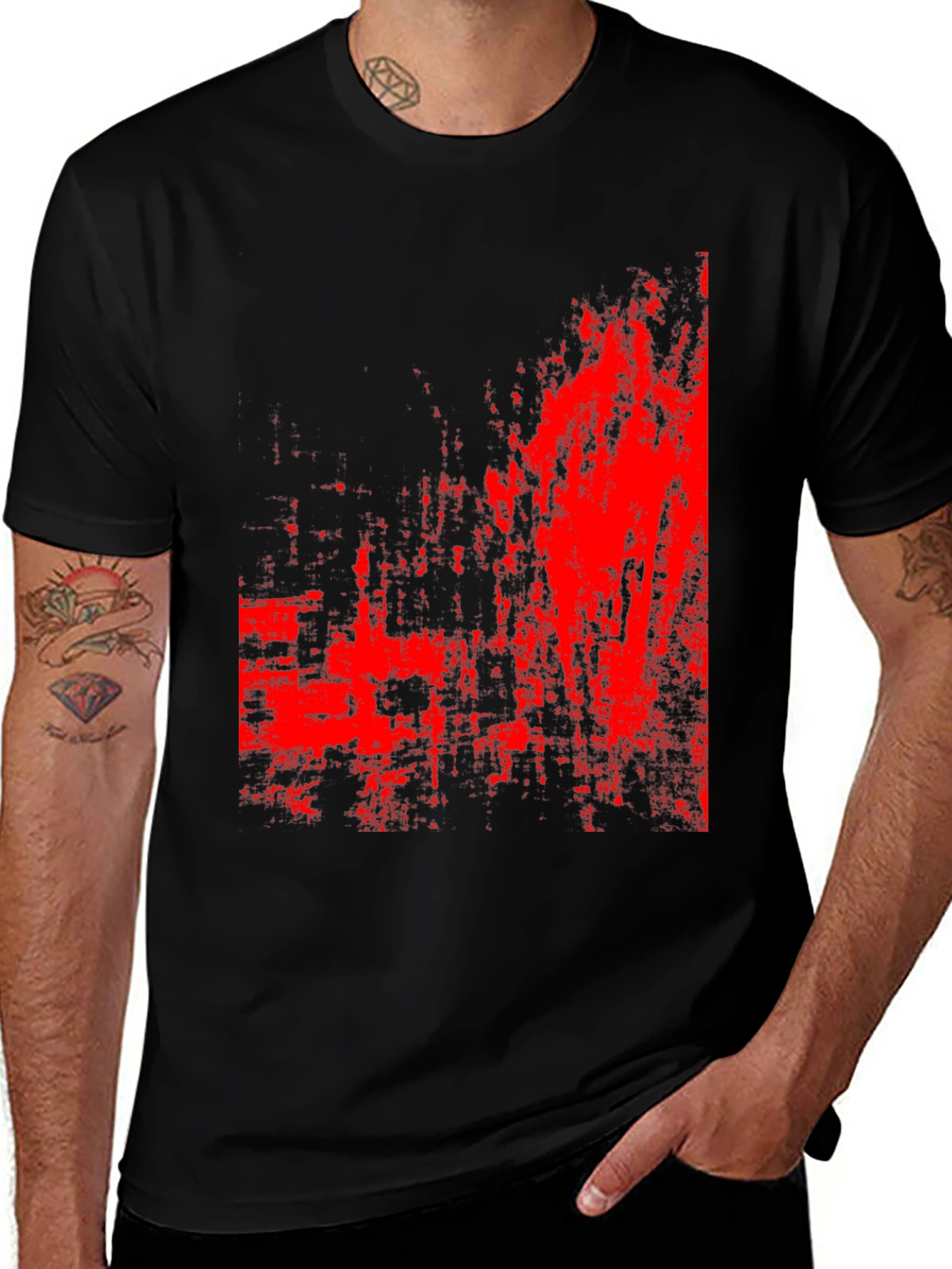 Abstract Red Print Black T-Shirt