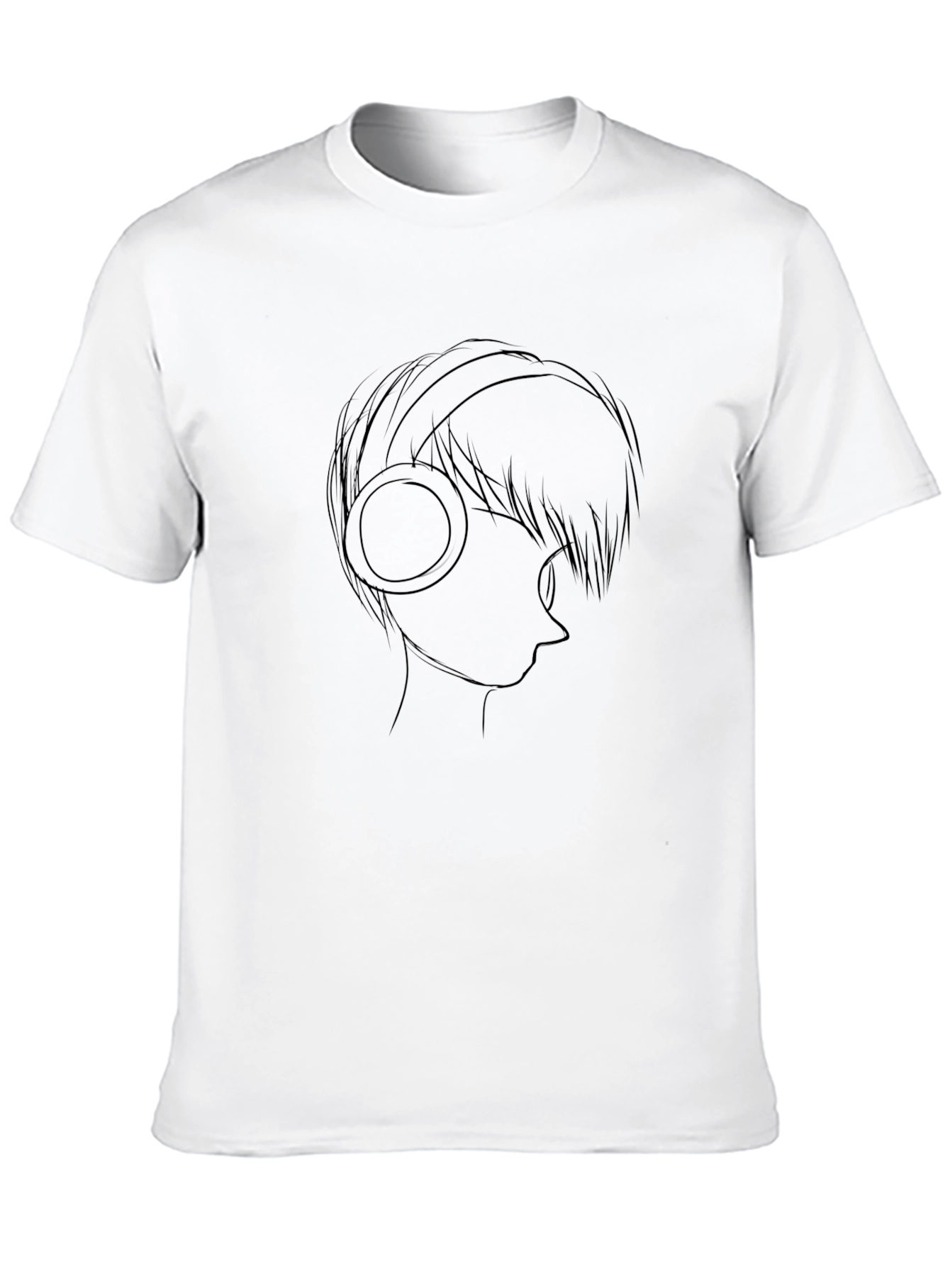 Line Art Anime Headphones Black T-Shirt