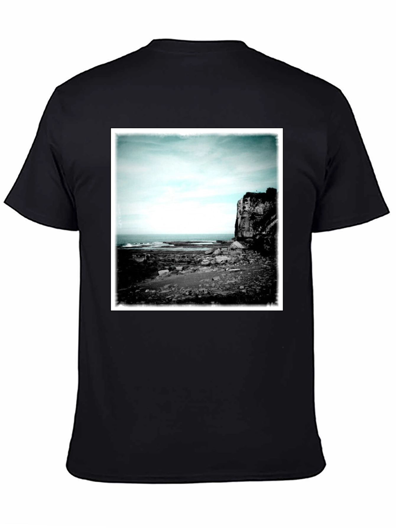 Black Tee with Coastal Landscape Graphic