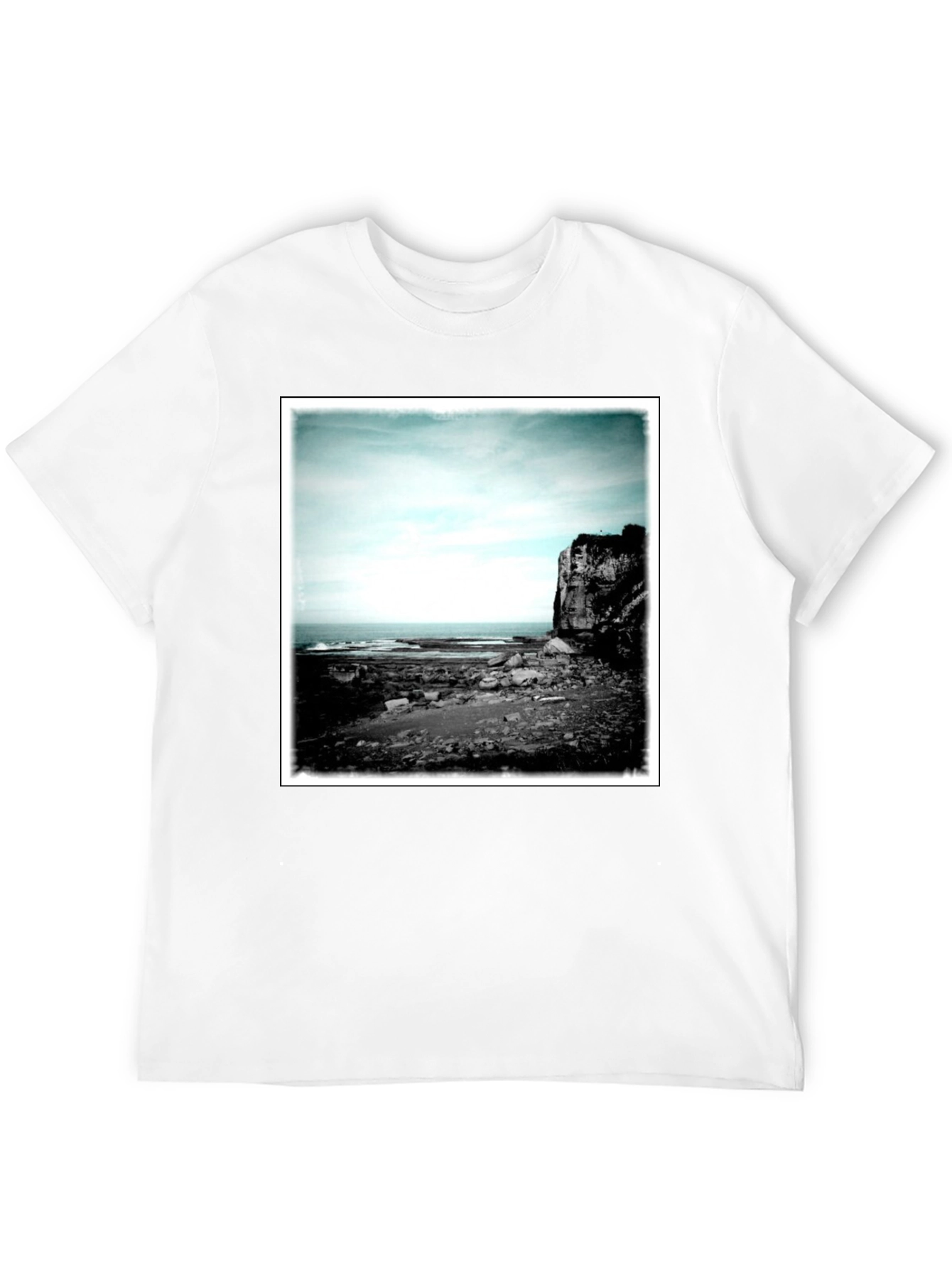Black Tee with Coastal Landscape Graphic