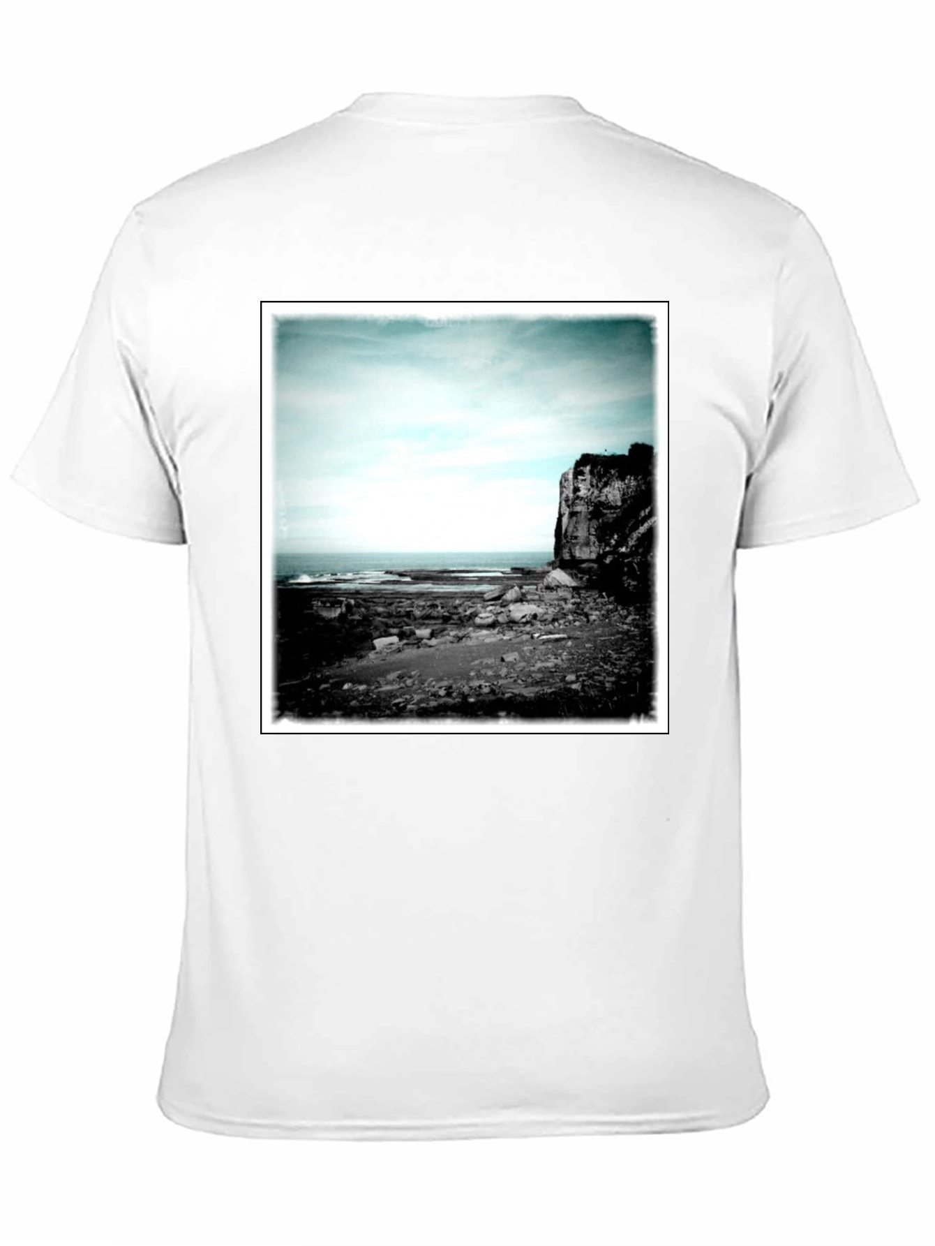 Black Tee with Coastal Landscape Graphic
