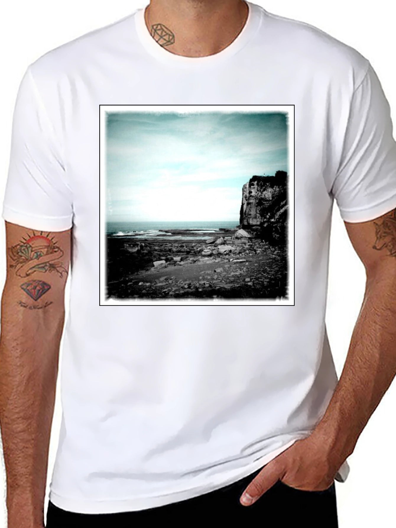 Black Tee with Coastal Landscape Graphic