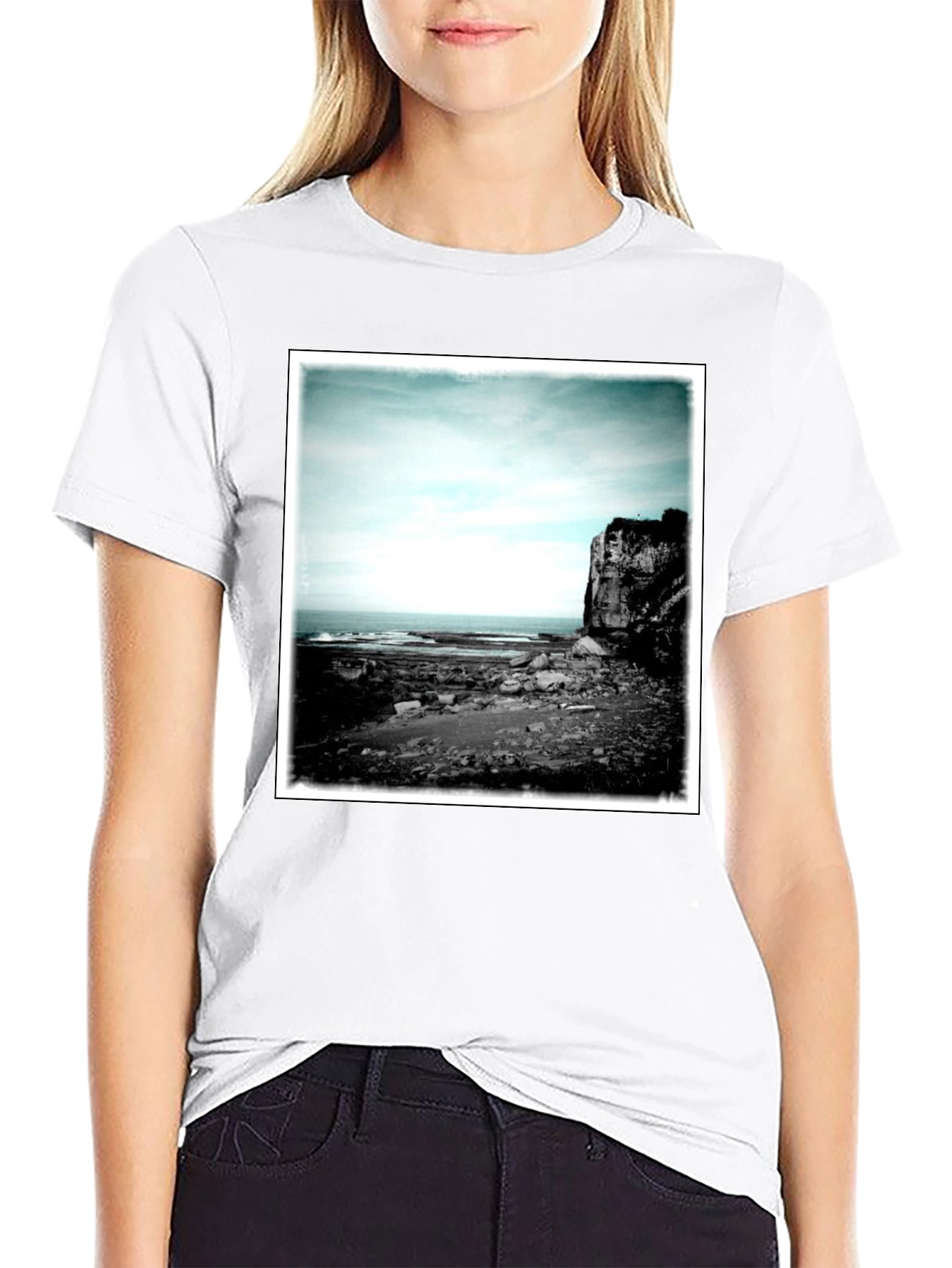 Black Tee with Coastal Landscape Graphic