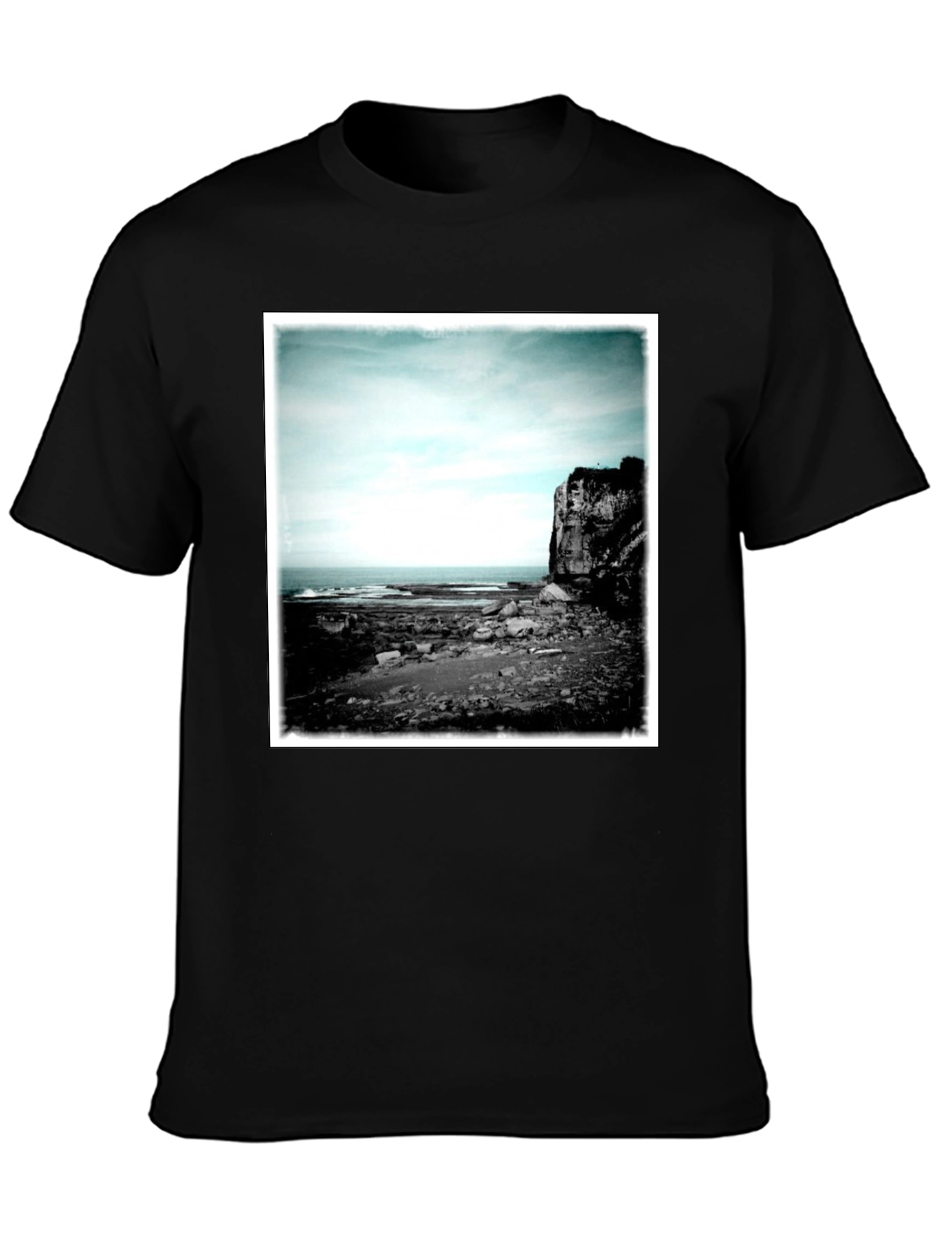 Black Tee with Coastal Landscape Graphic