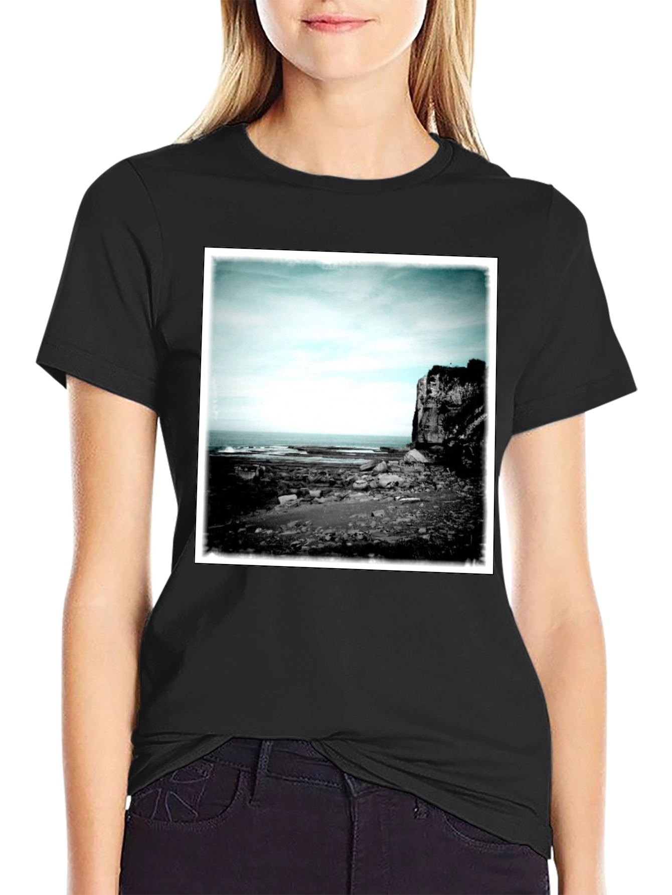 Black Tee with Coastal Landscape Graphic