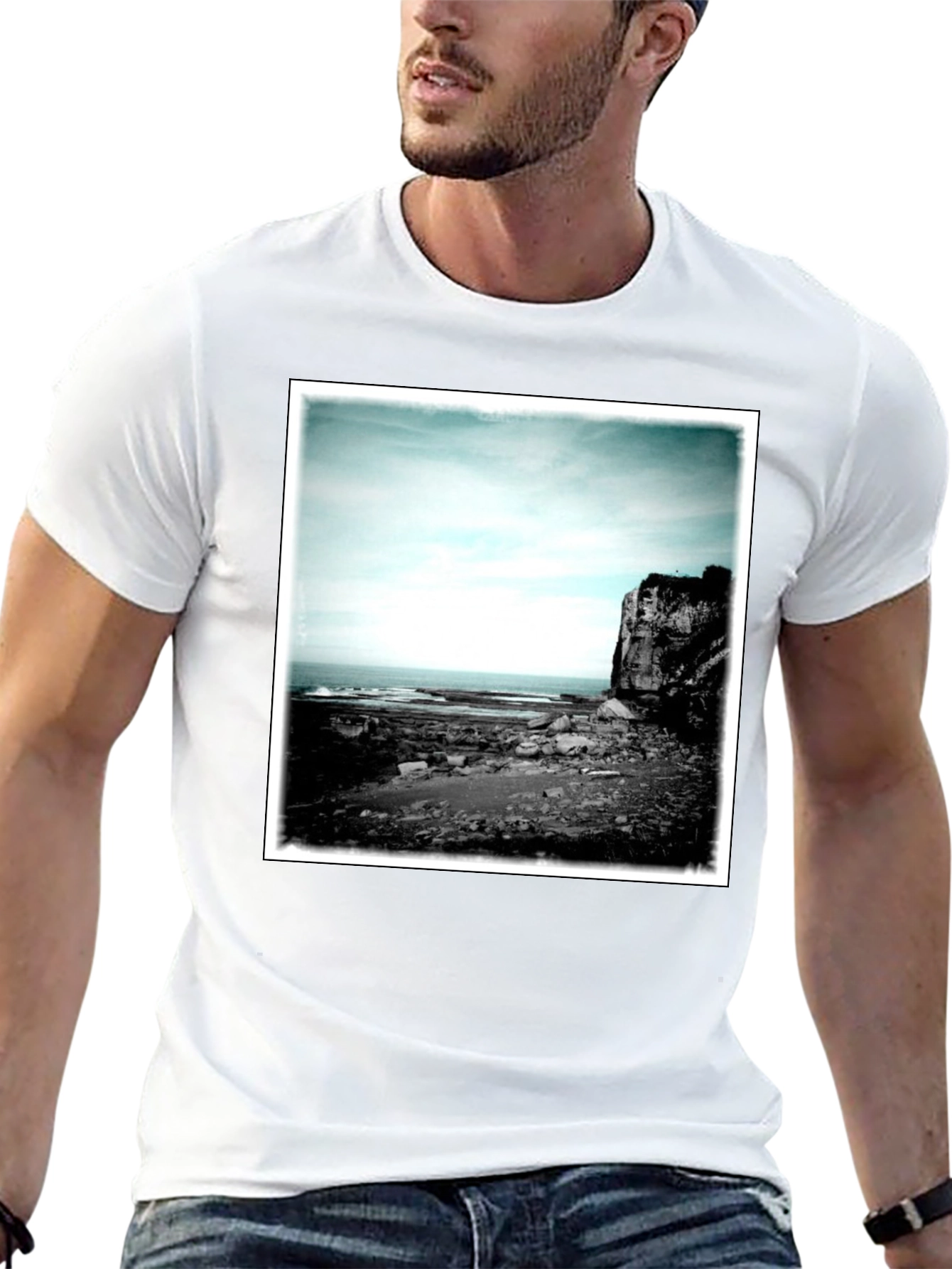 Black Tee with Coastal Landscape Graphic