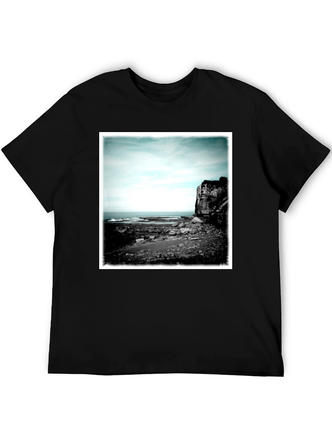 Black Tee with Coastal Landscape Graphic