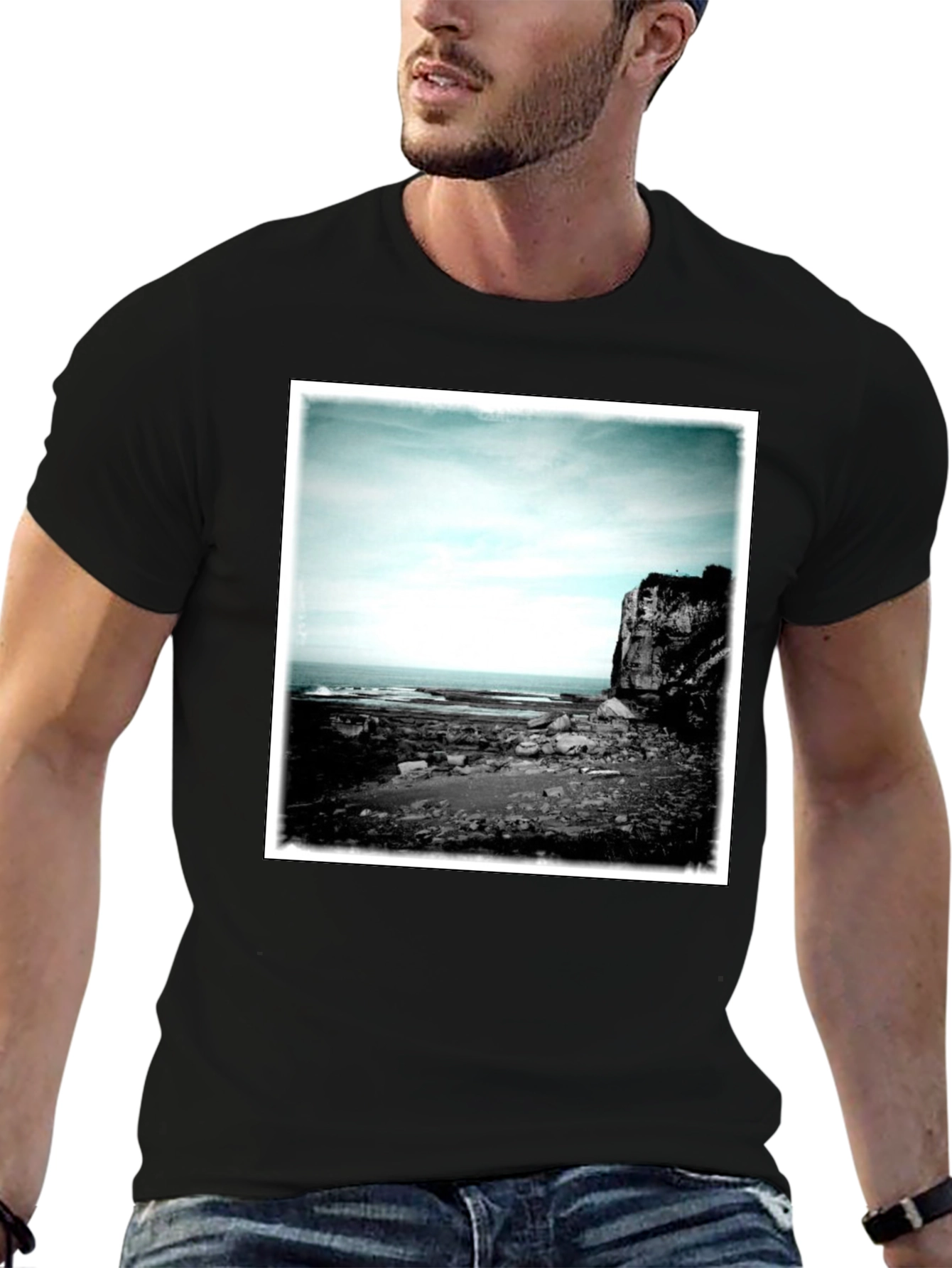 Black Tee with Coastal Landscape Graphic