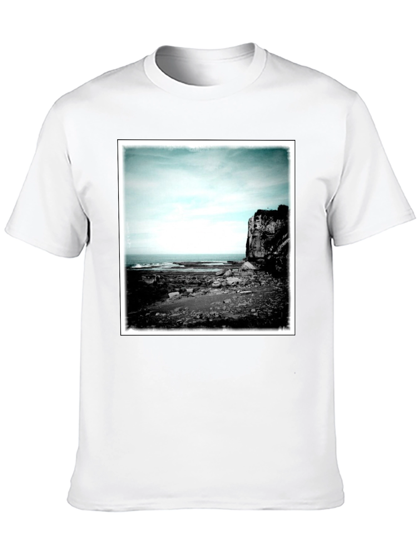 Black Tee with Coastal Landscape Graphic