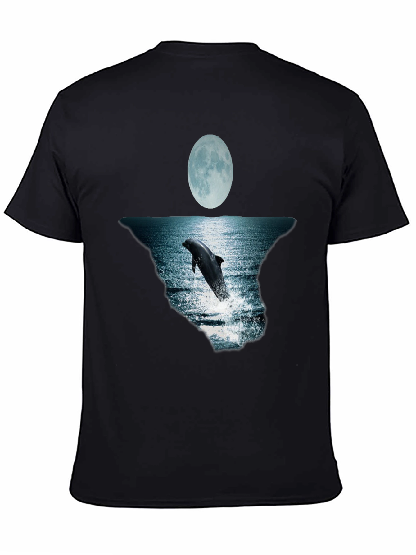 Dolphin Moon Graphic Tee - Black Cotton T-Shirt