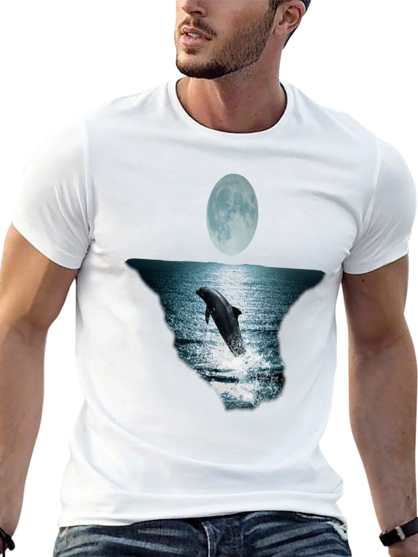 Dolphin Moon Graphic Tee - Black Cotton T-Shirt
