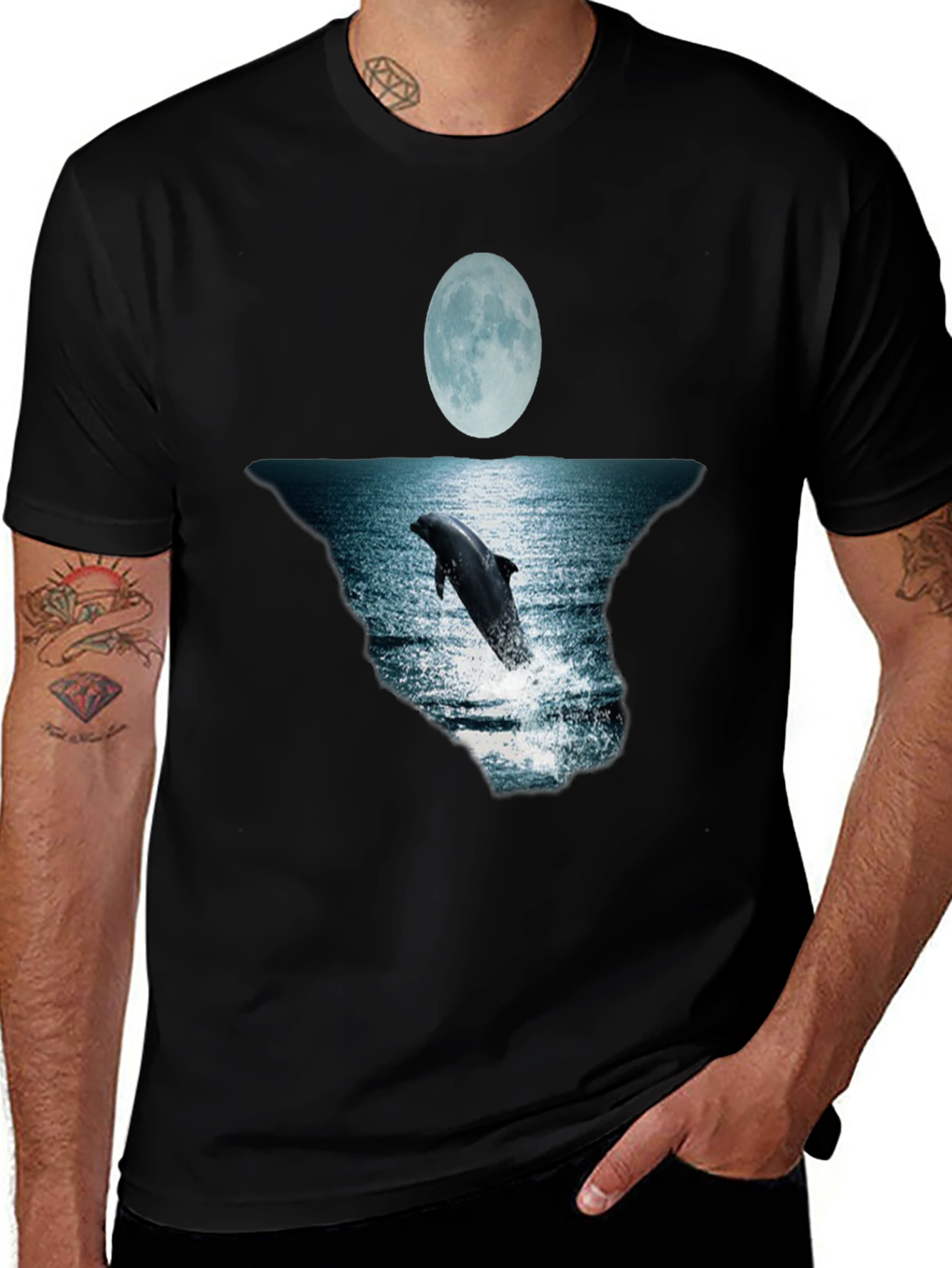 Dolphin Moon Graphic Tee - Black Cotton T-Shirt