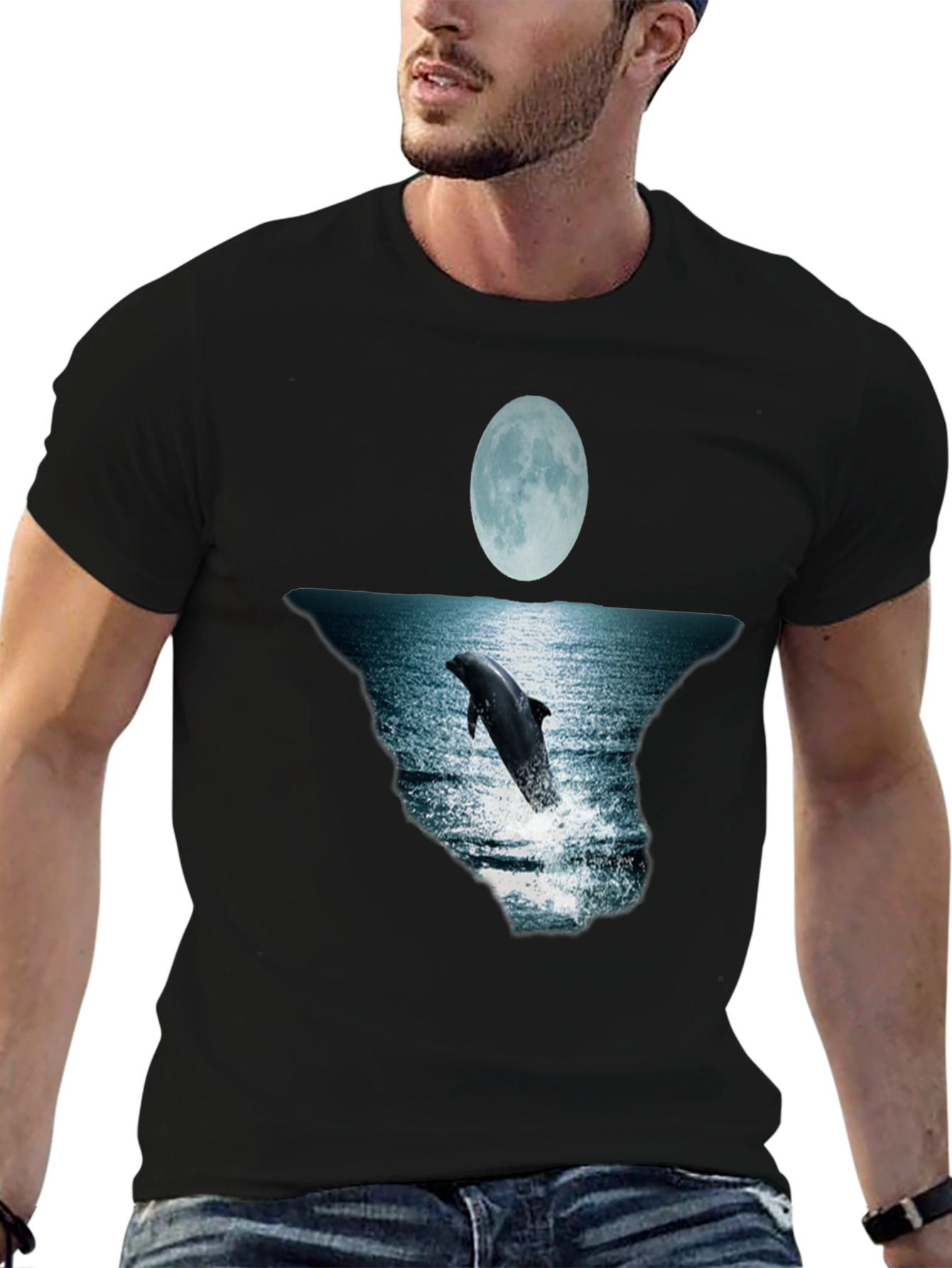 Dolphin Moon Graphic Tee - Black Cotton T-Shirt