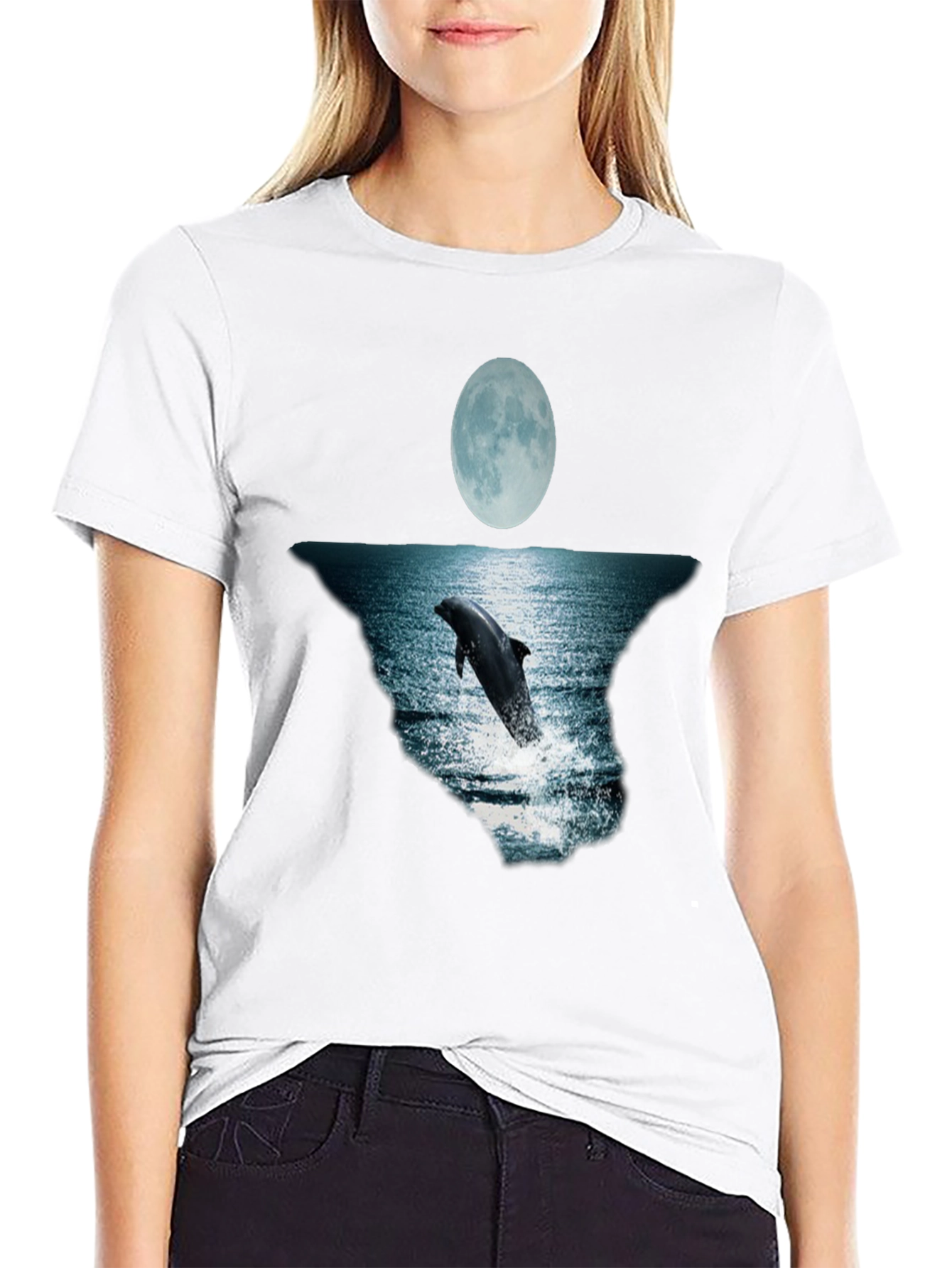 Dolphin Moon Graphic Tee - Black Cotton T-Shirt