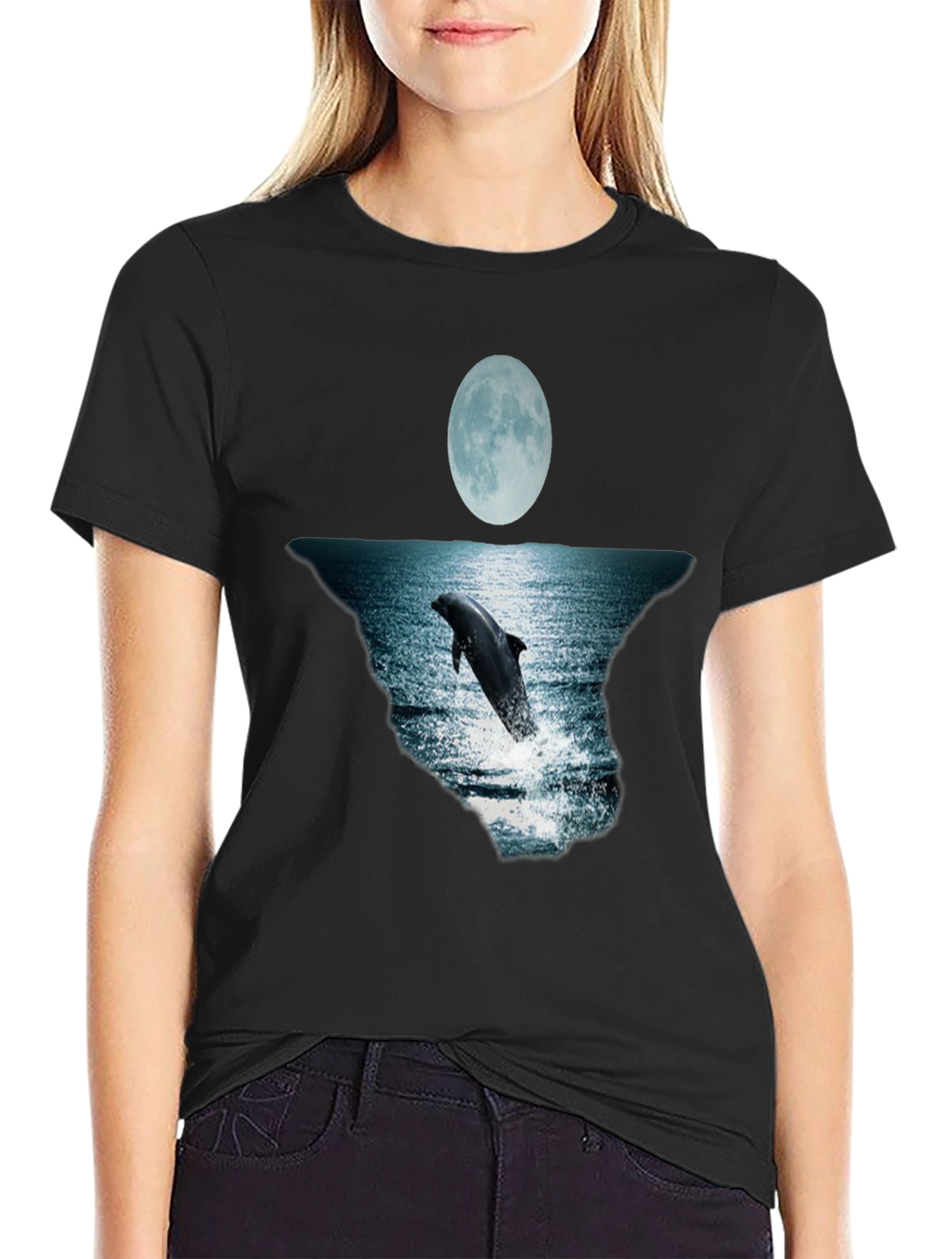 Dolphin Moon Graphic Tee - Black Cotton T-Shirt