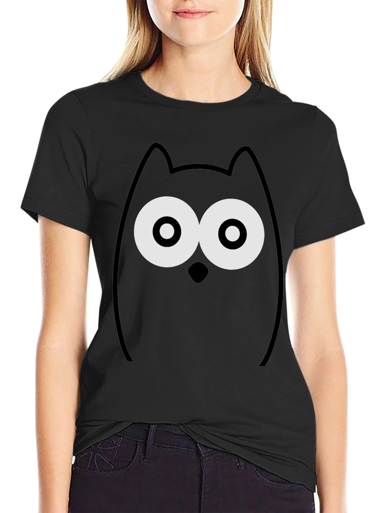 Funny Cartoon Owl Graphic Tee - Black T-Shirt