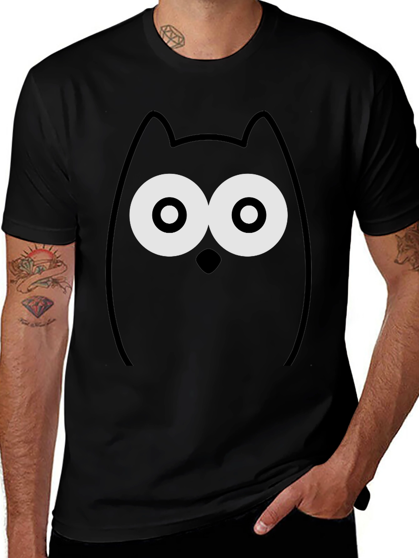 Funny Cartoon Owl Graphic Tee - Black T-Shirt