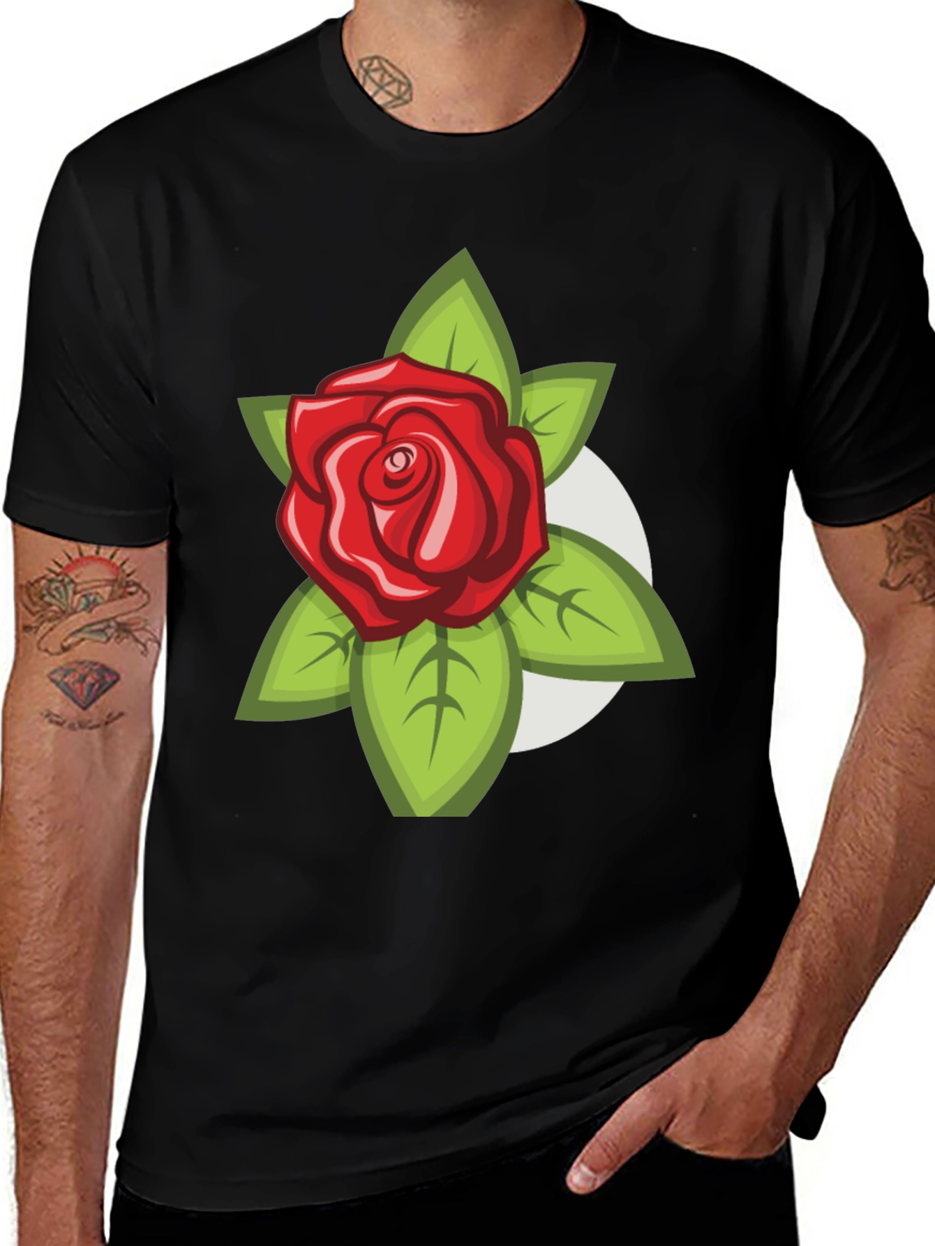 Mens Black T-Shirt with Rose Design