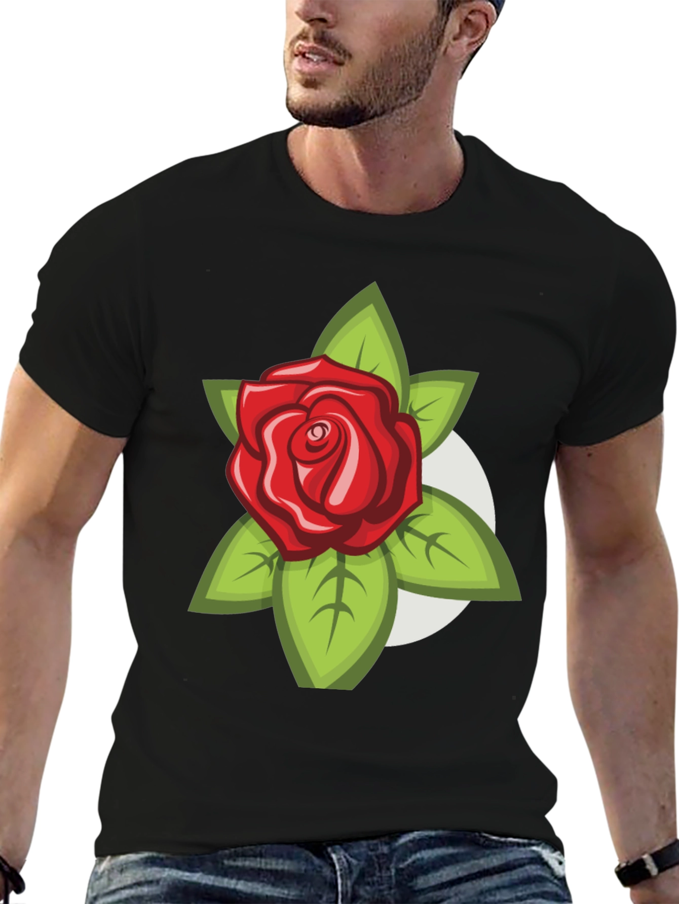 Mens Black T-Shirt with Rose Design