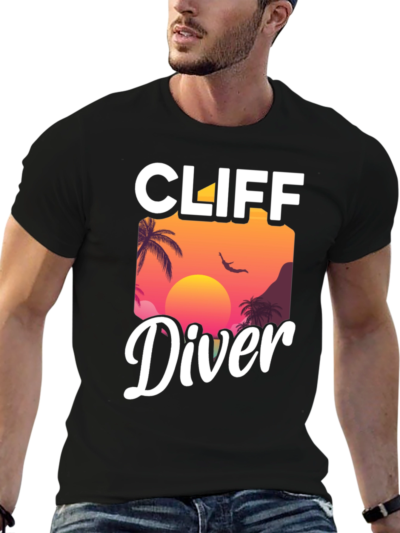 Cliff Diver Graphic T-Shirt - Sunset Palm Design