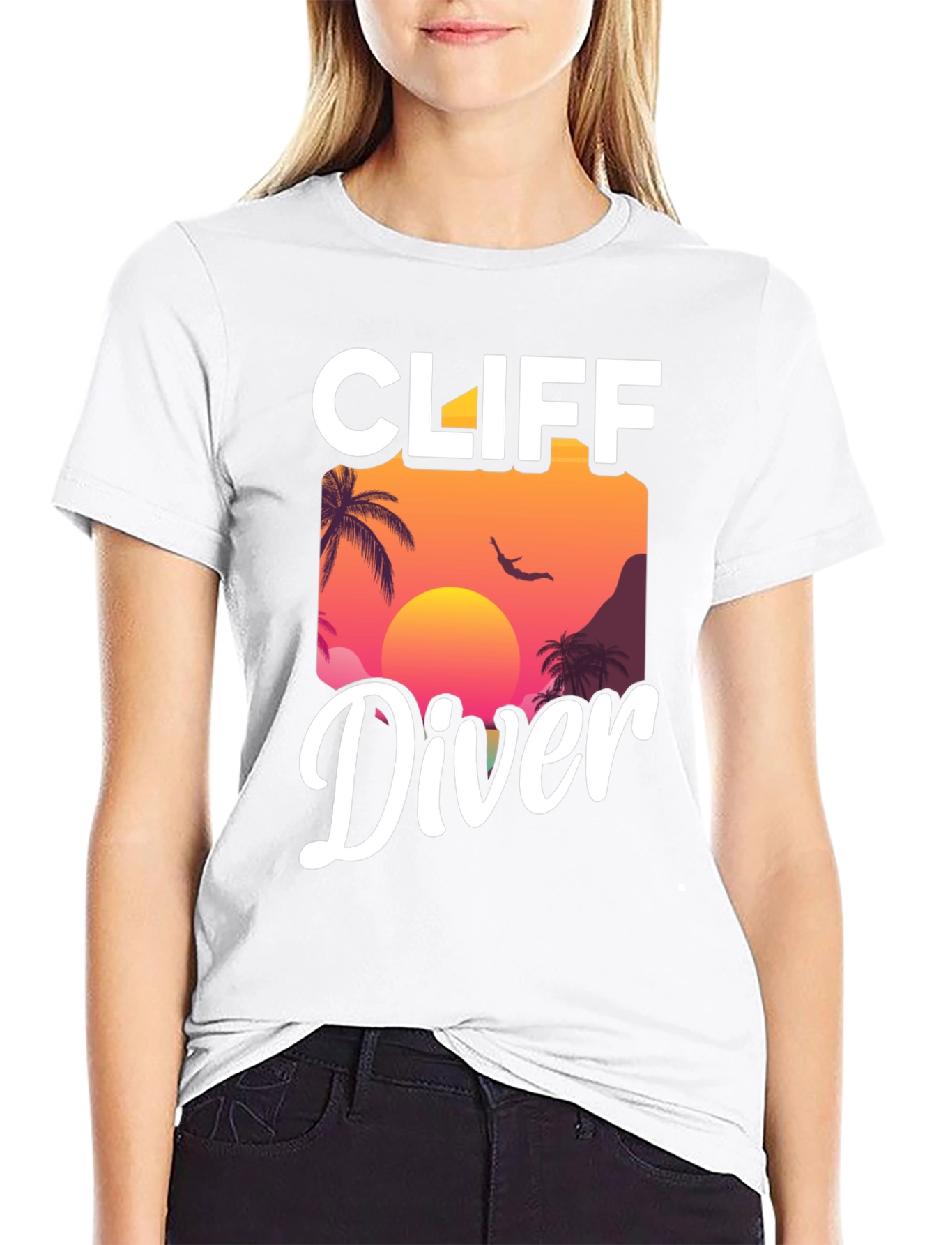Cliff Diver Graphic T-Shirt - Sunset Palm Design