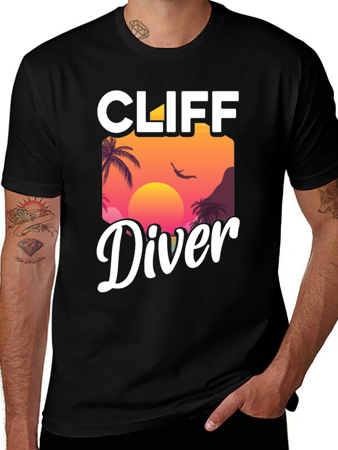 Cliff Diver Graphic T-Shirt - Sunset Palm Design
