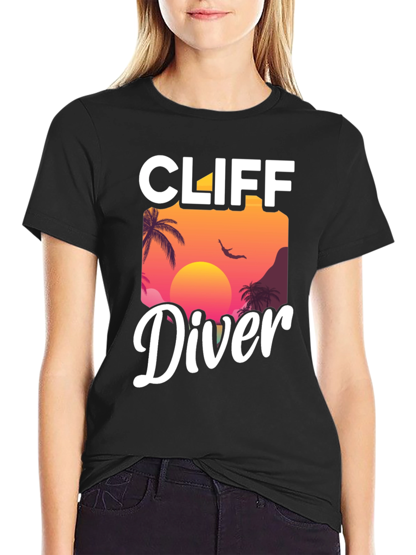 Cliff Diver Graphic T-Shirt - Sunset Palm Design