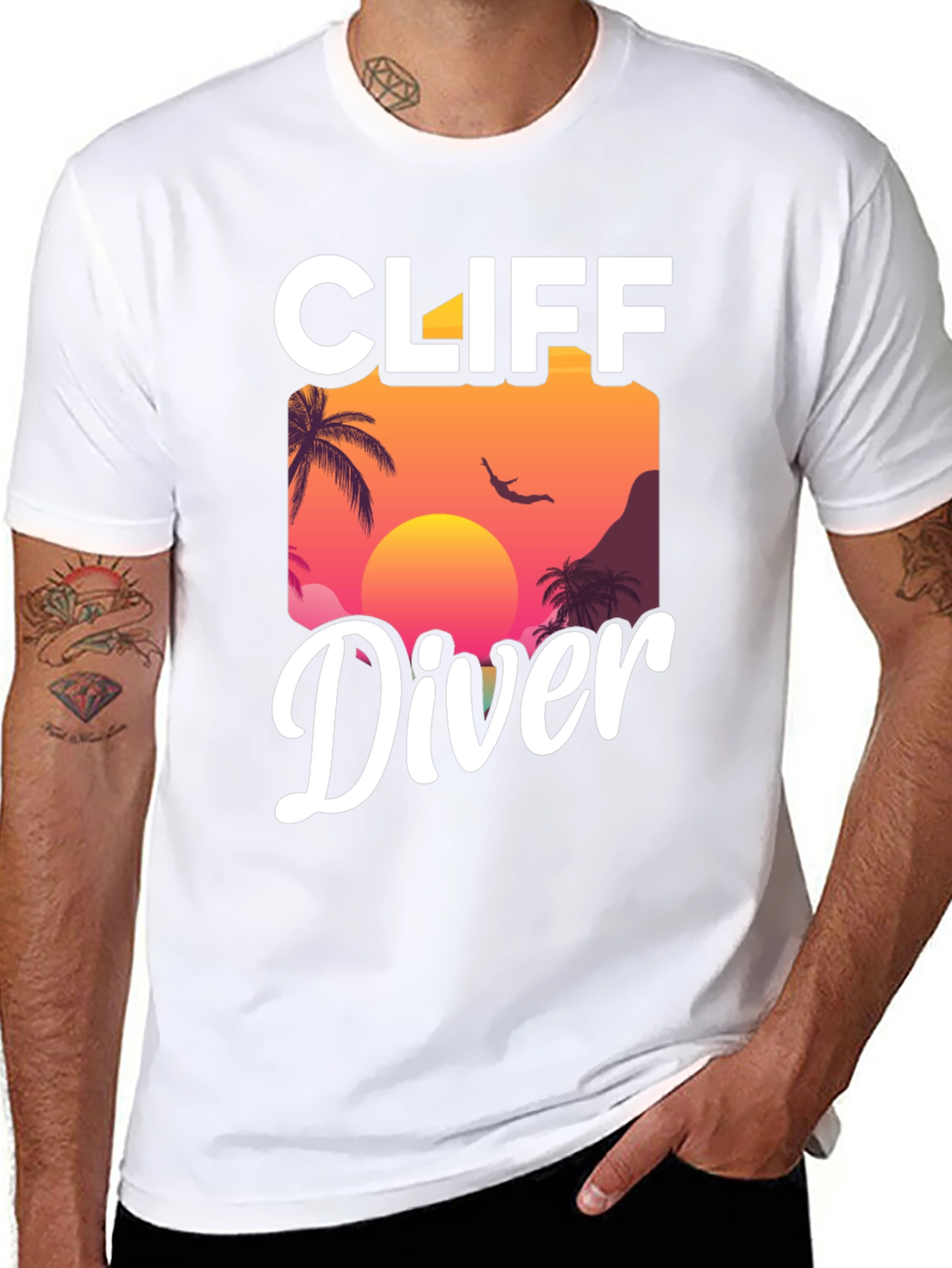 Cliff Diver Graphic T-Shirt - Sunset Palm Design