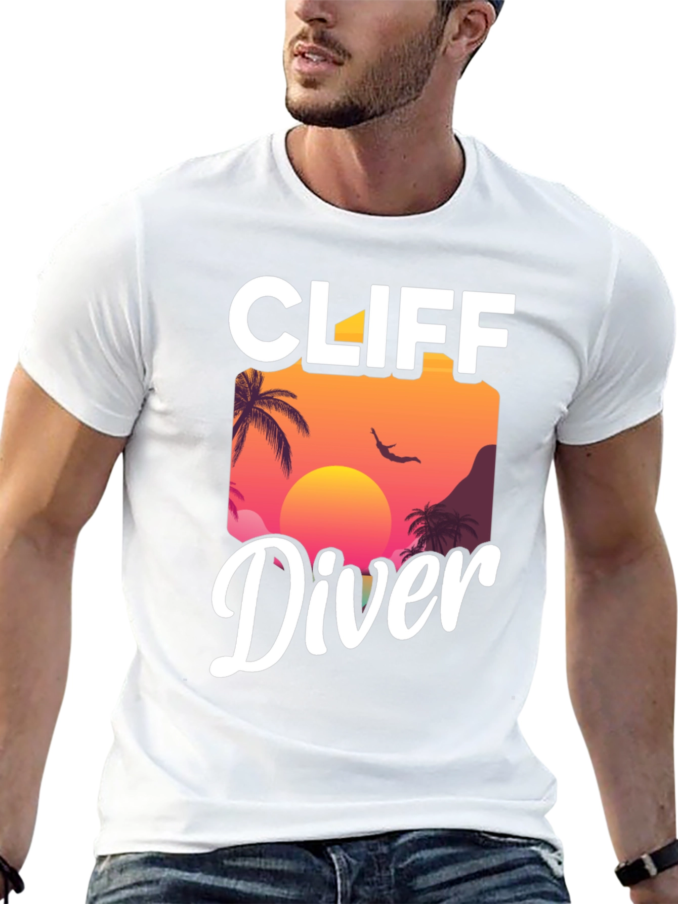 Cliff Diver Graphic T-Shirt - Sunset Palm Design