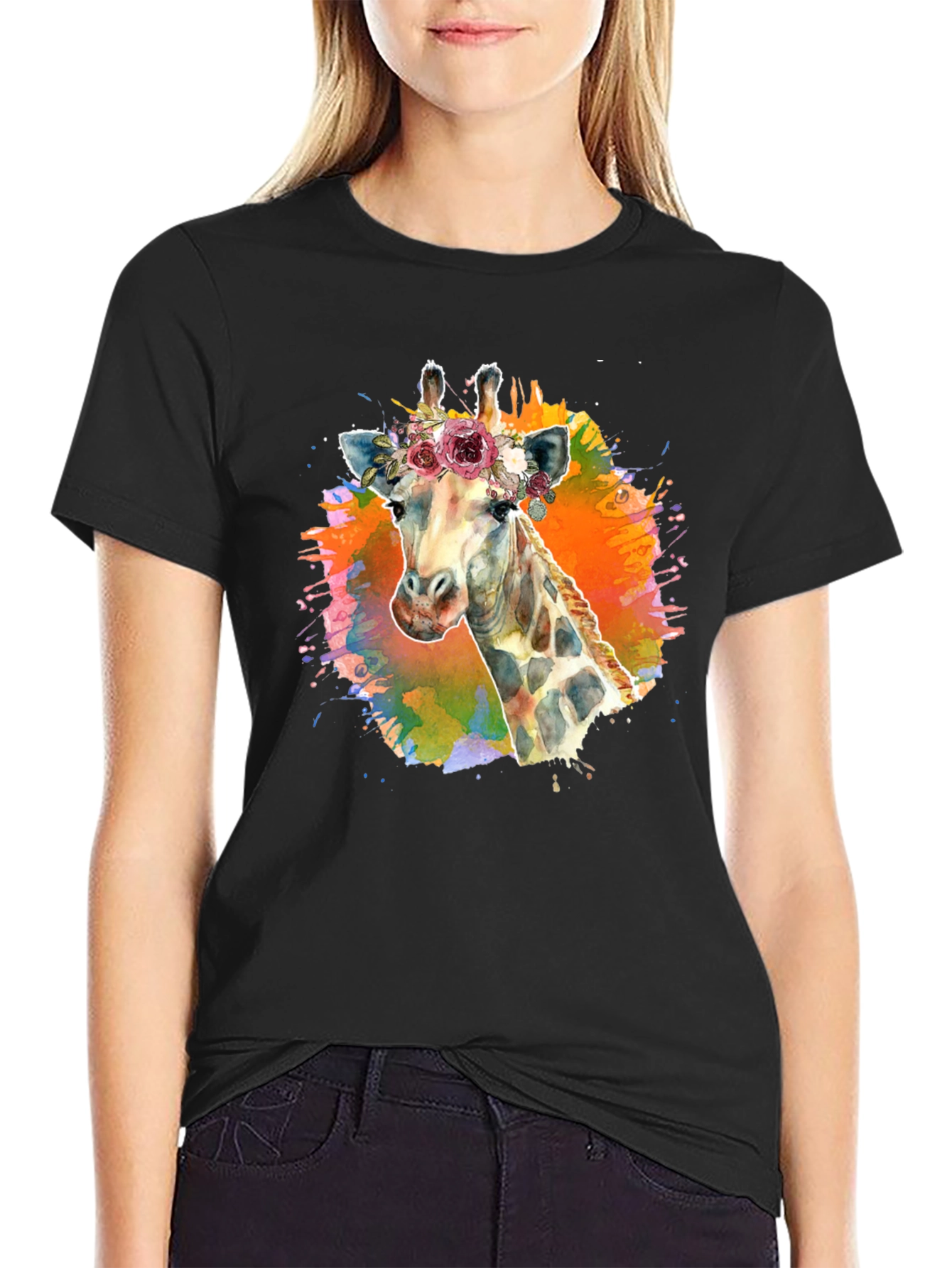 Floral Giraffe T-Shirt - Artistic Black Tee