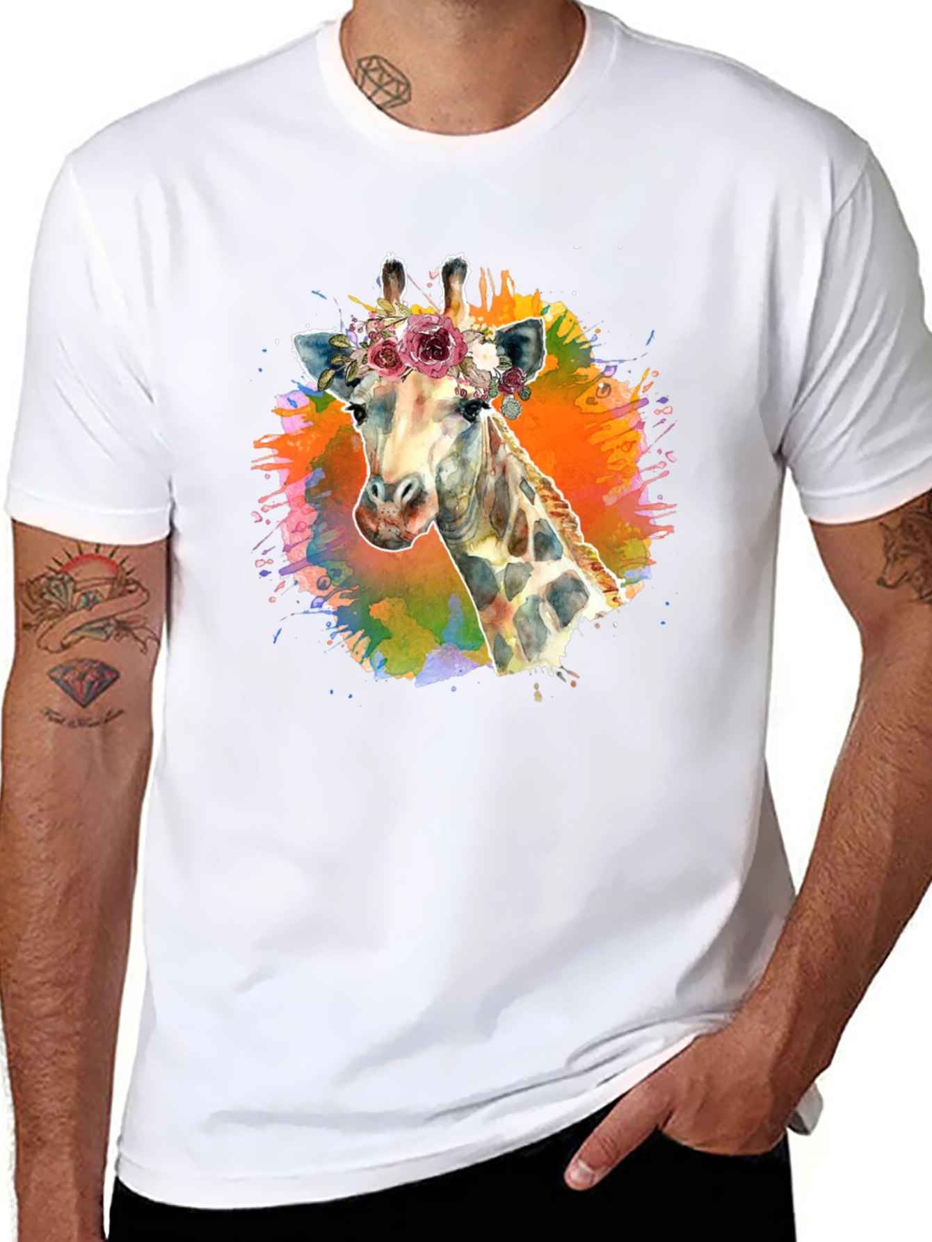 Floral Giraffe T-Shirt - Artistic Black Tee