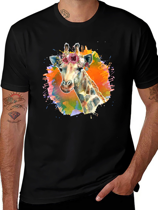 Floral Giraffe T-Shirt - Artistic Black Tee