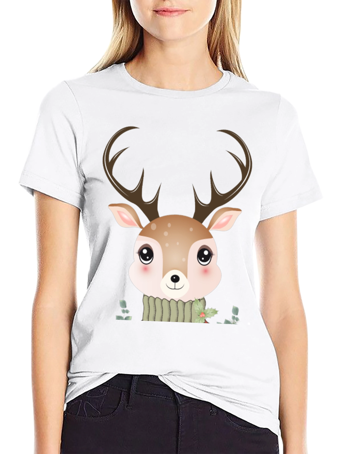 Cute Cartoon Deer Graphic Black T-Shirt