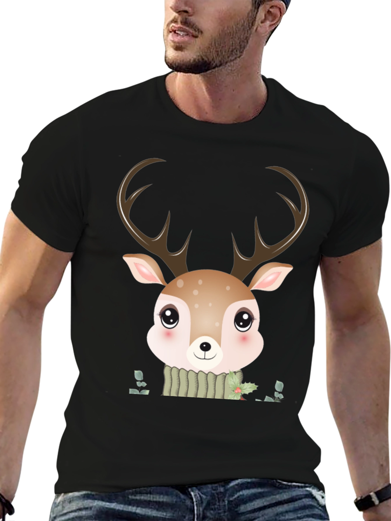 Cute Cartoon Deer Graphic Black T-Shirt