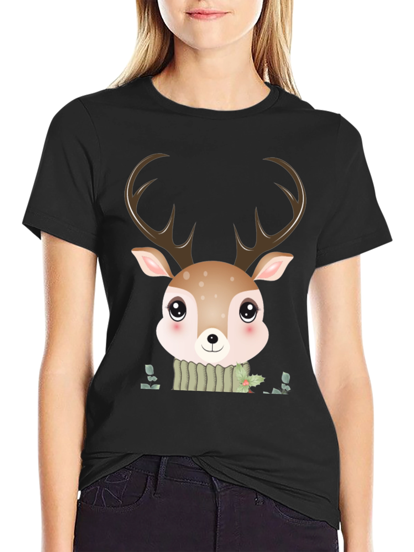 Cute Cartoon Deer Graphic Black T-Shirt