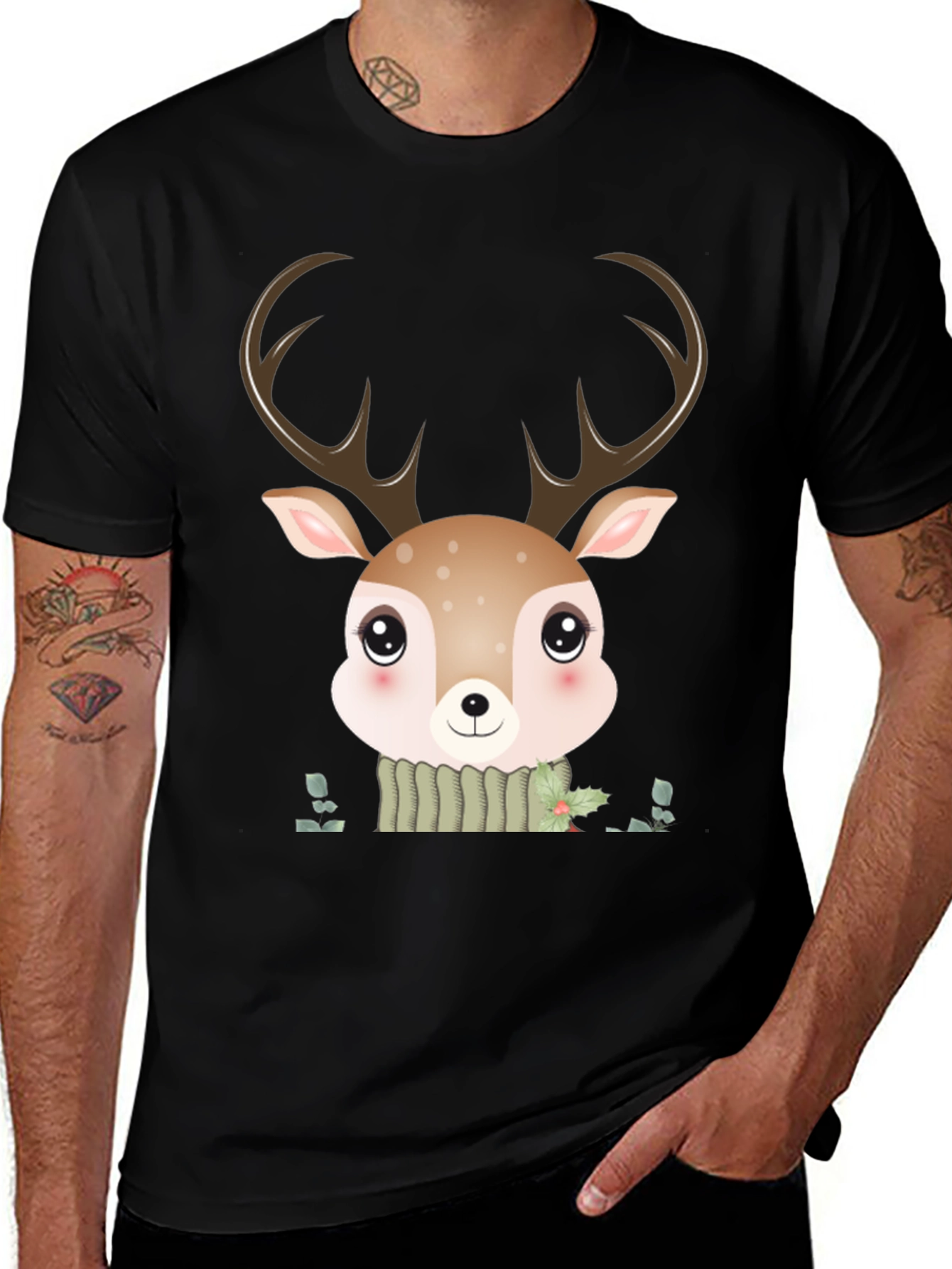 Cute Cartoon Deer Graphic Black T-Shirt