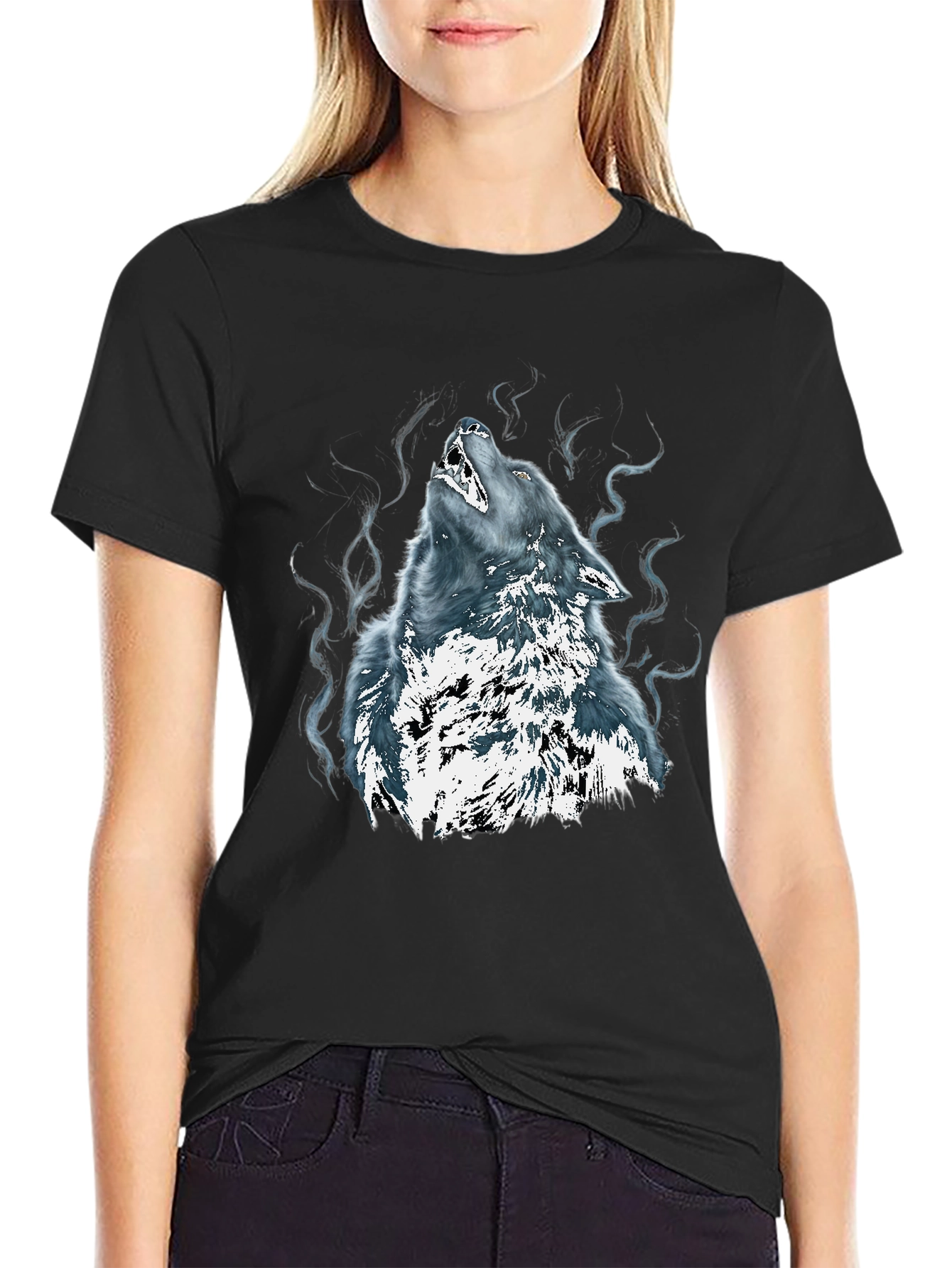 Wolf Graphic Tee - Black Cotton Blend T-Shirt