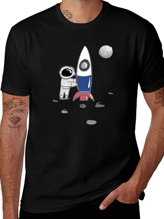 Astronaut & Rocket Graphic Tee - Black Cotton