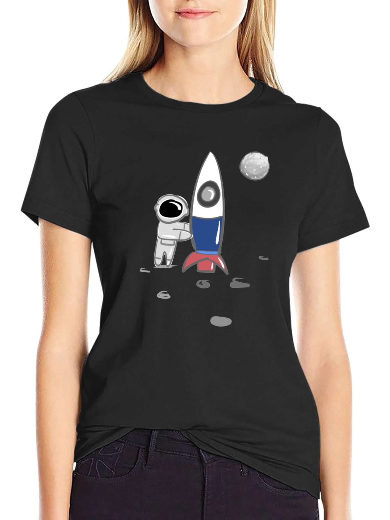 Astronaut & Rocket Graphic Tee - Black Cotton