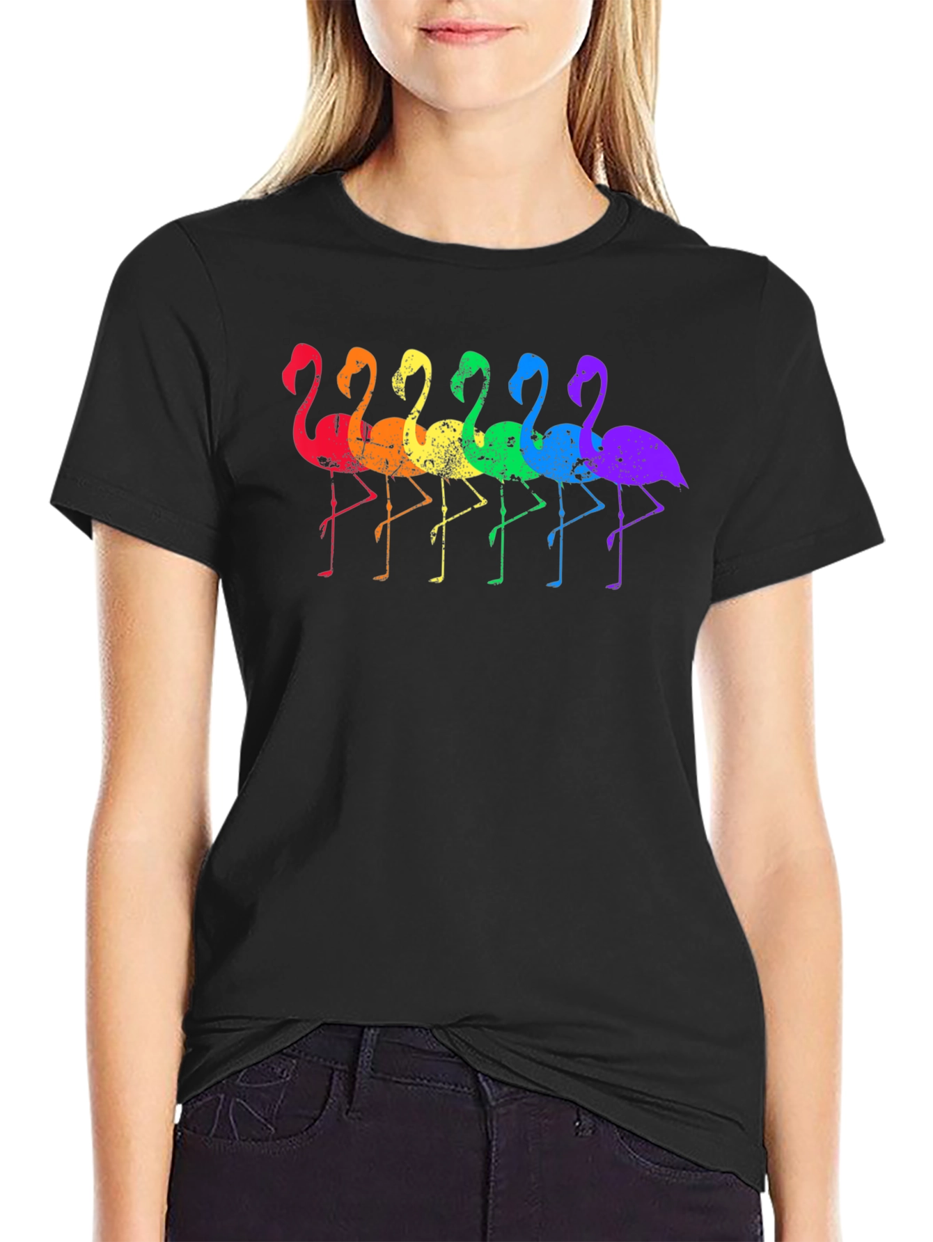 Rainbow Flamingo Graphic Tee - Black Cotton T-Shirt