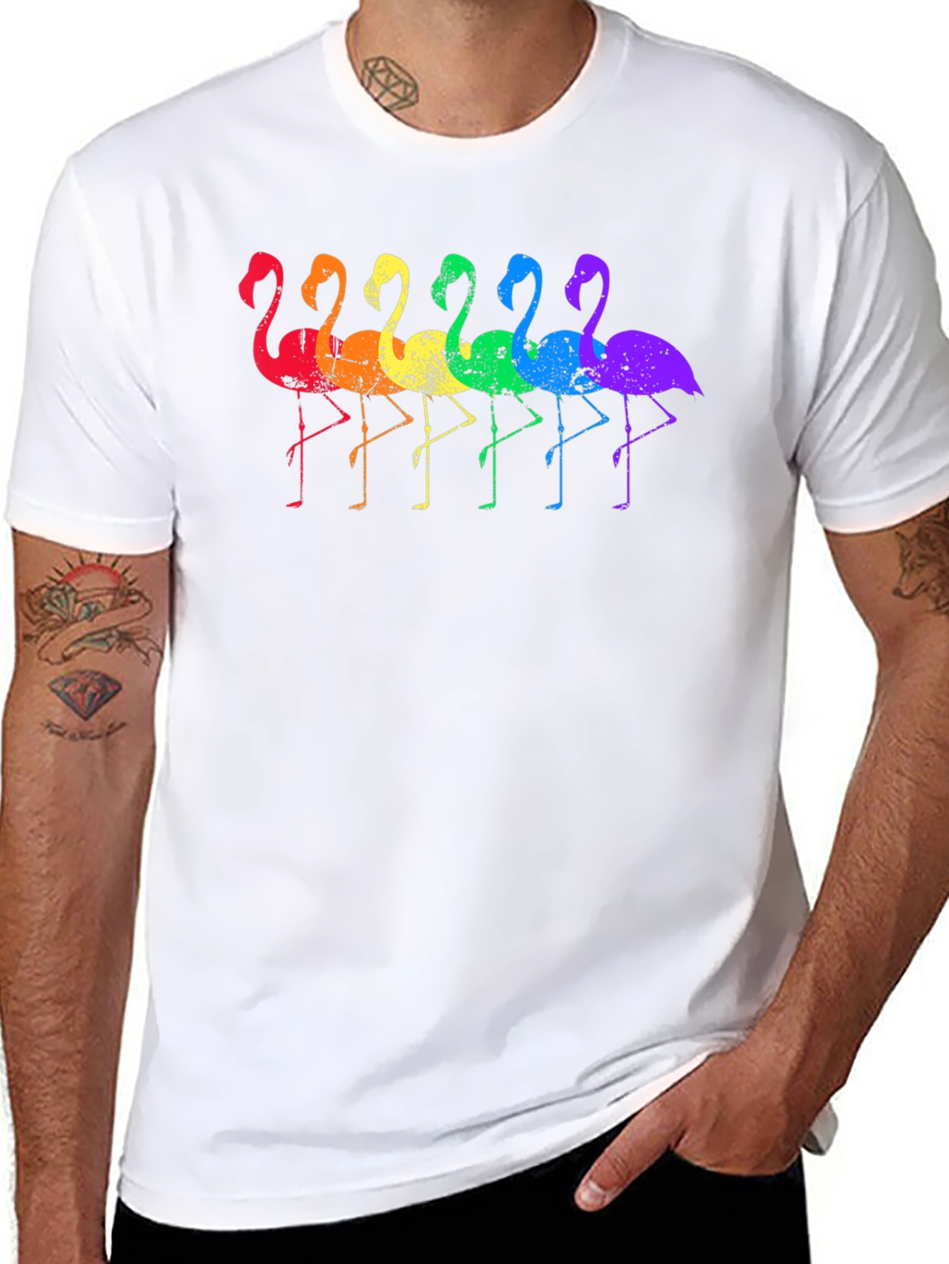 Rainbow Flamingo Graphic Tee - Black Cotton T-Shirt